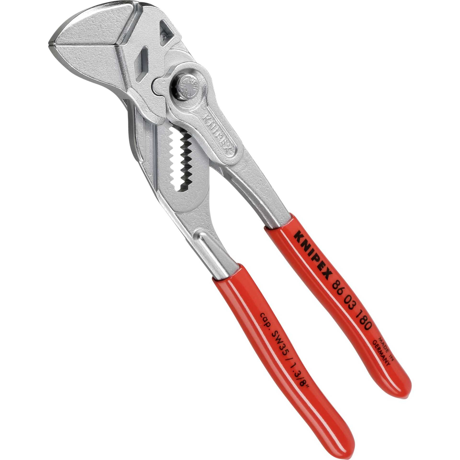 A silver combination pliers with red handles, model KNIPEX 86 03 180.