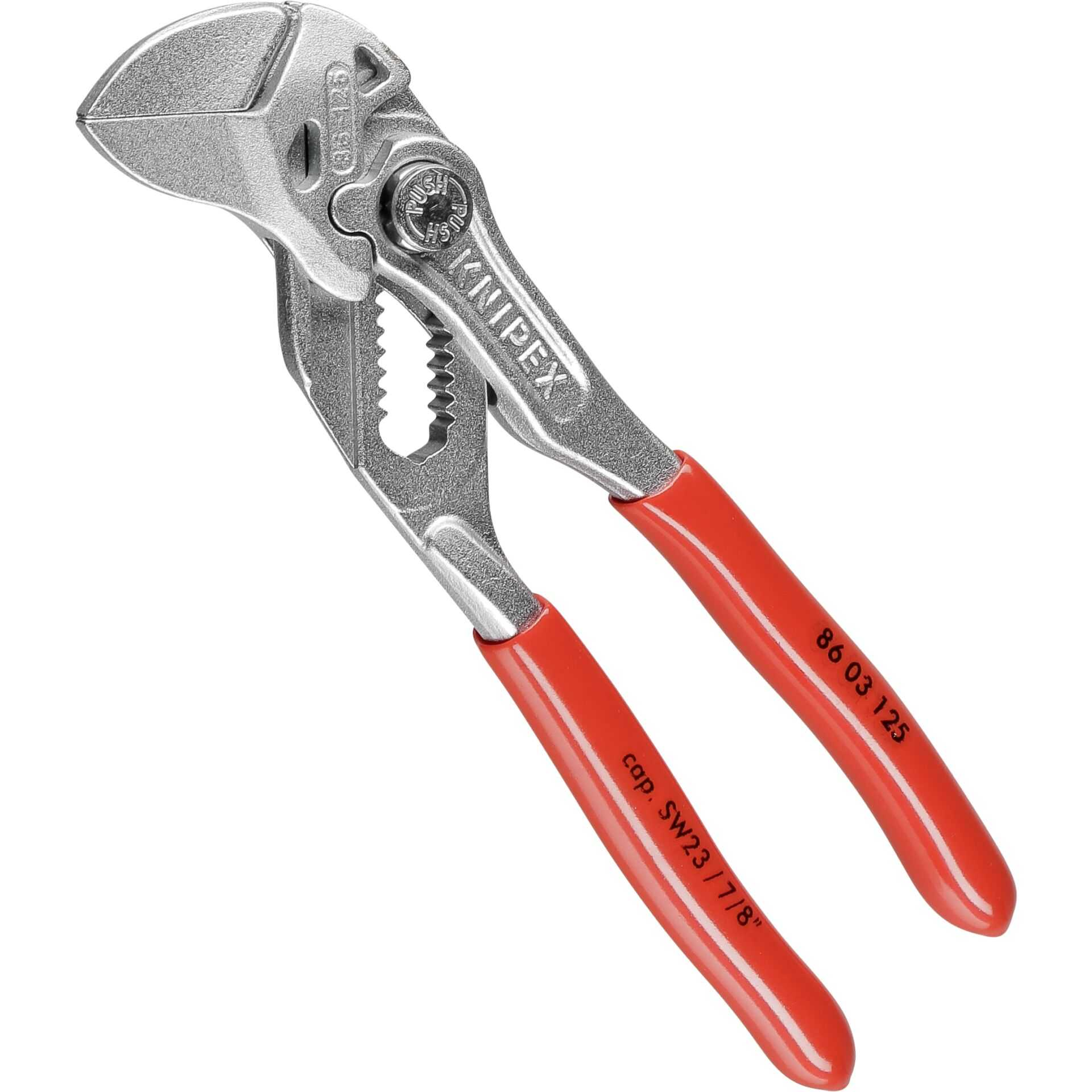 A silver pipe wrench with red handles, isolated on a white background.