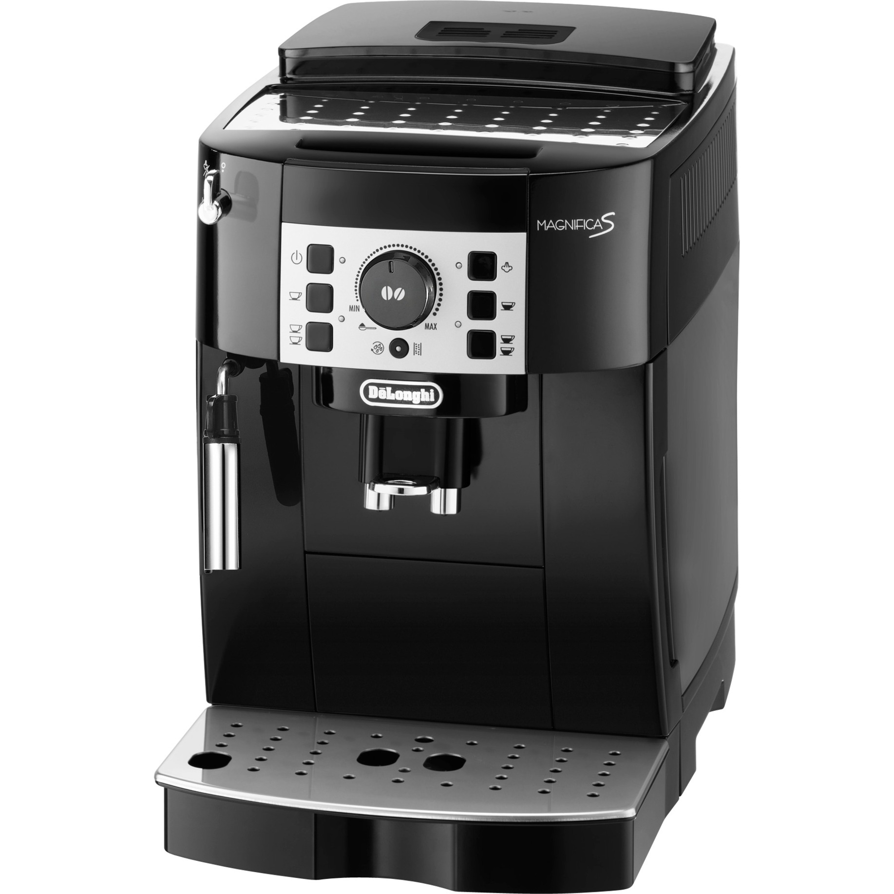 Schwarze DeLonghi Magnifica Kaffeemaschine mit silberner Abtropffläche und Bedienfeld.