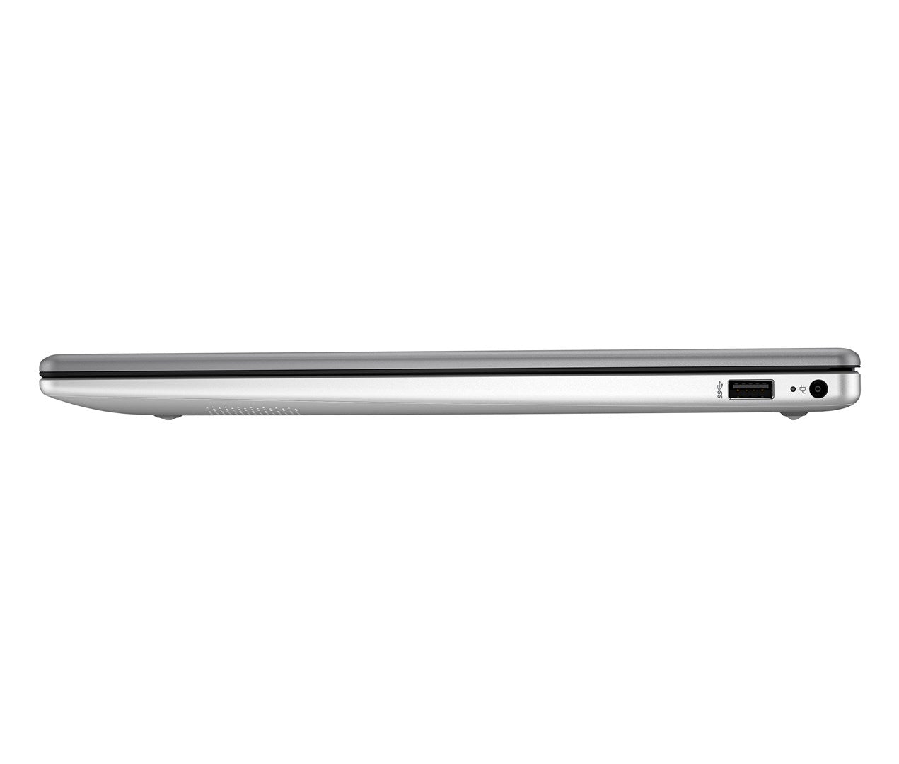 Zamknięty srebrny laptop pokazujący port USB i port zasilania po boku.