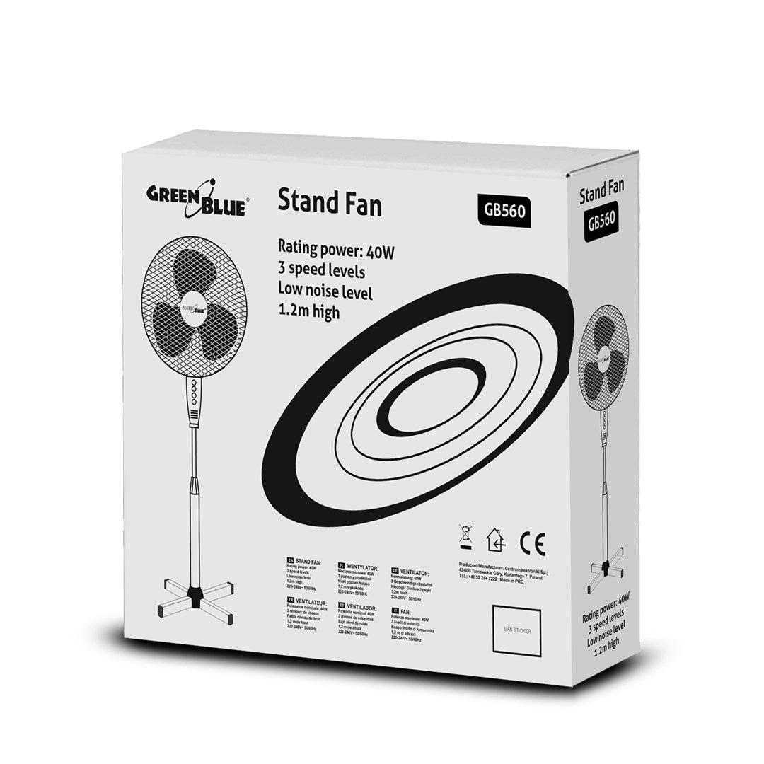 Caja de ventilador de pie con logo, especificaciones e imágenes. 40W, 3 velocidades.
