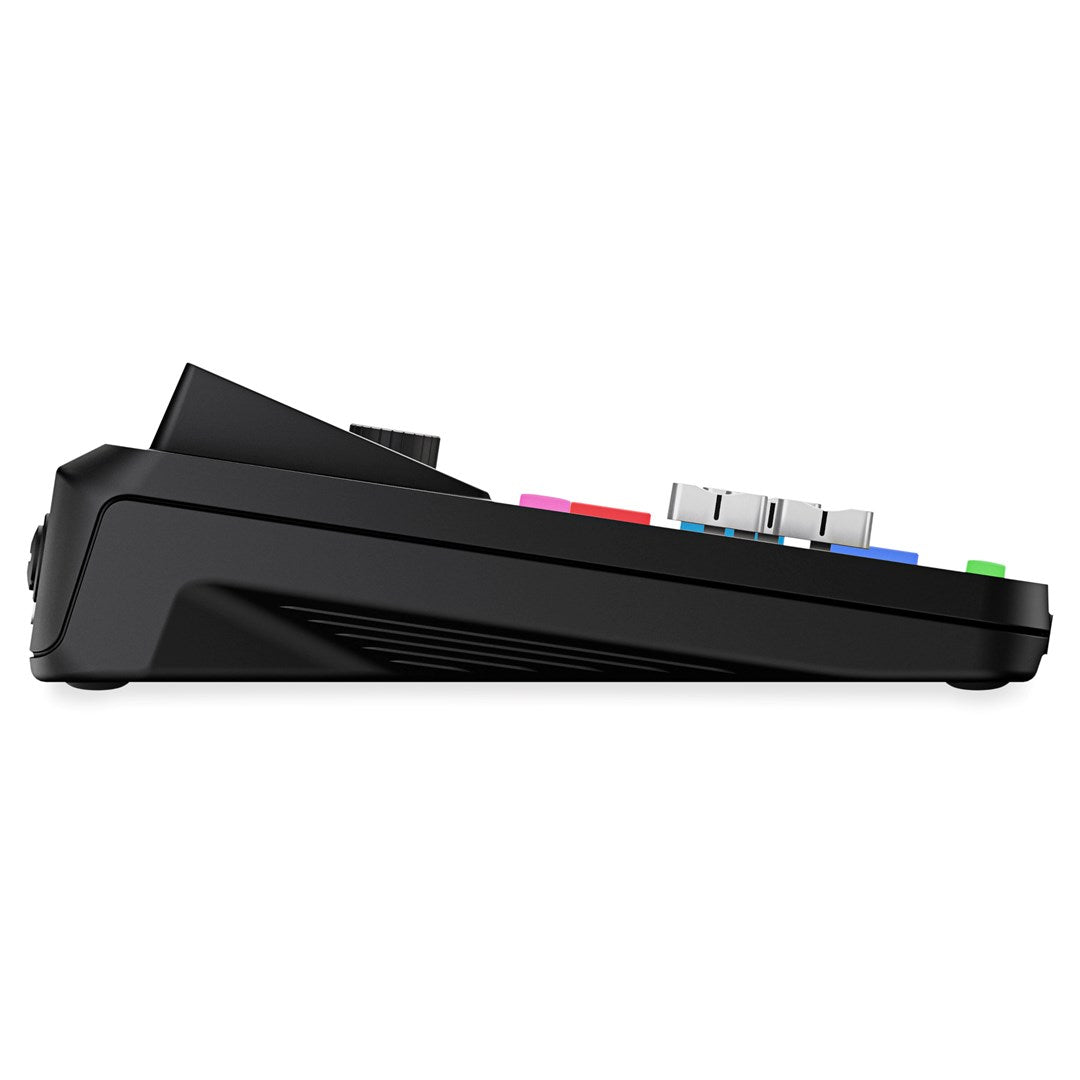 Dispositivo audio nero con pulsanti e slider colorati, vista laterale.