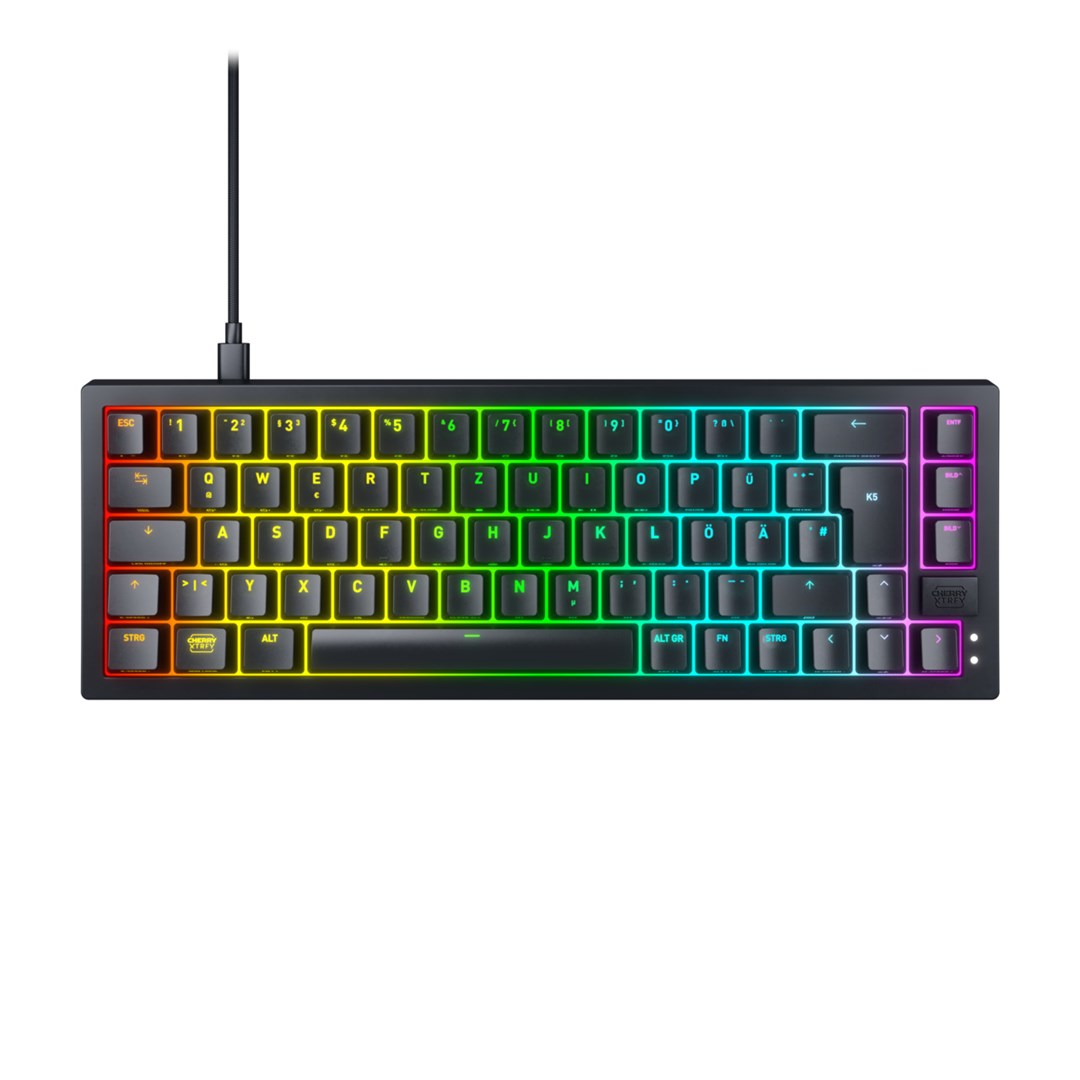 A black keyboard with rainbow RGB lighting and white keycaps.