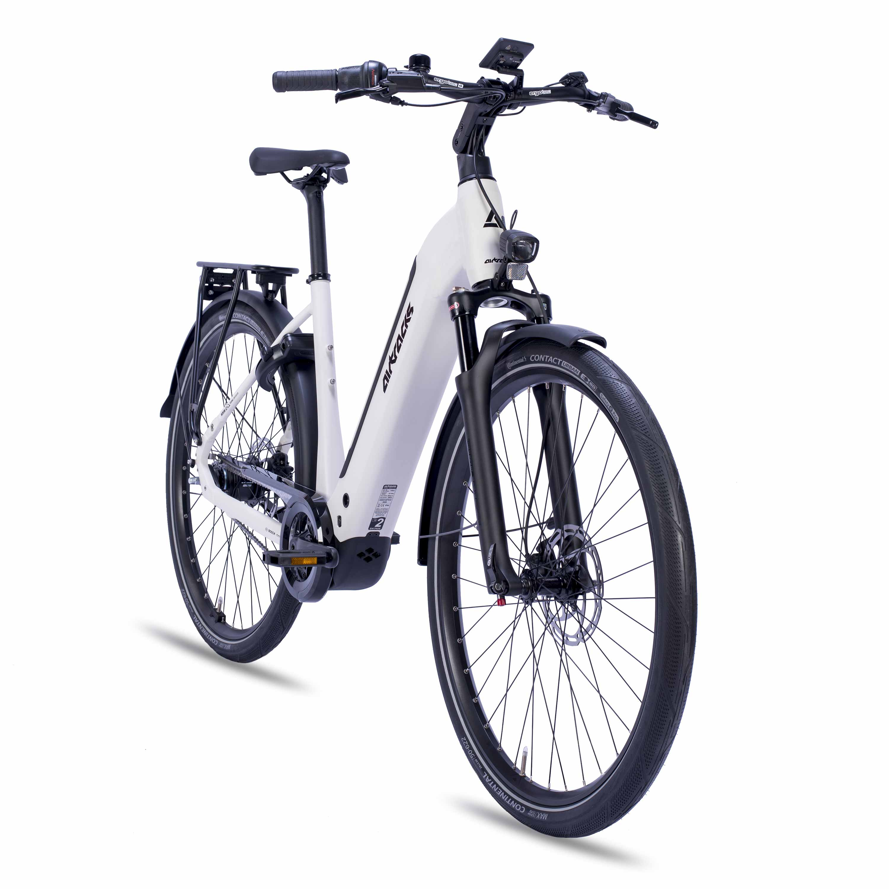 Ein weißes E-Bike mit schwarzen Details, Vorder- und Hinterrad, Lenker und Sitz.