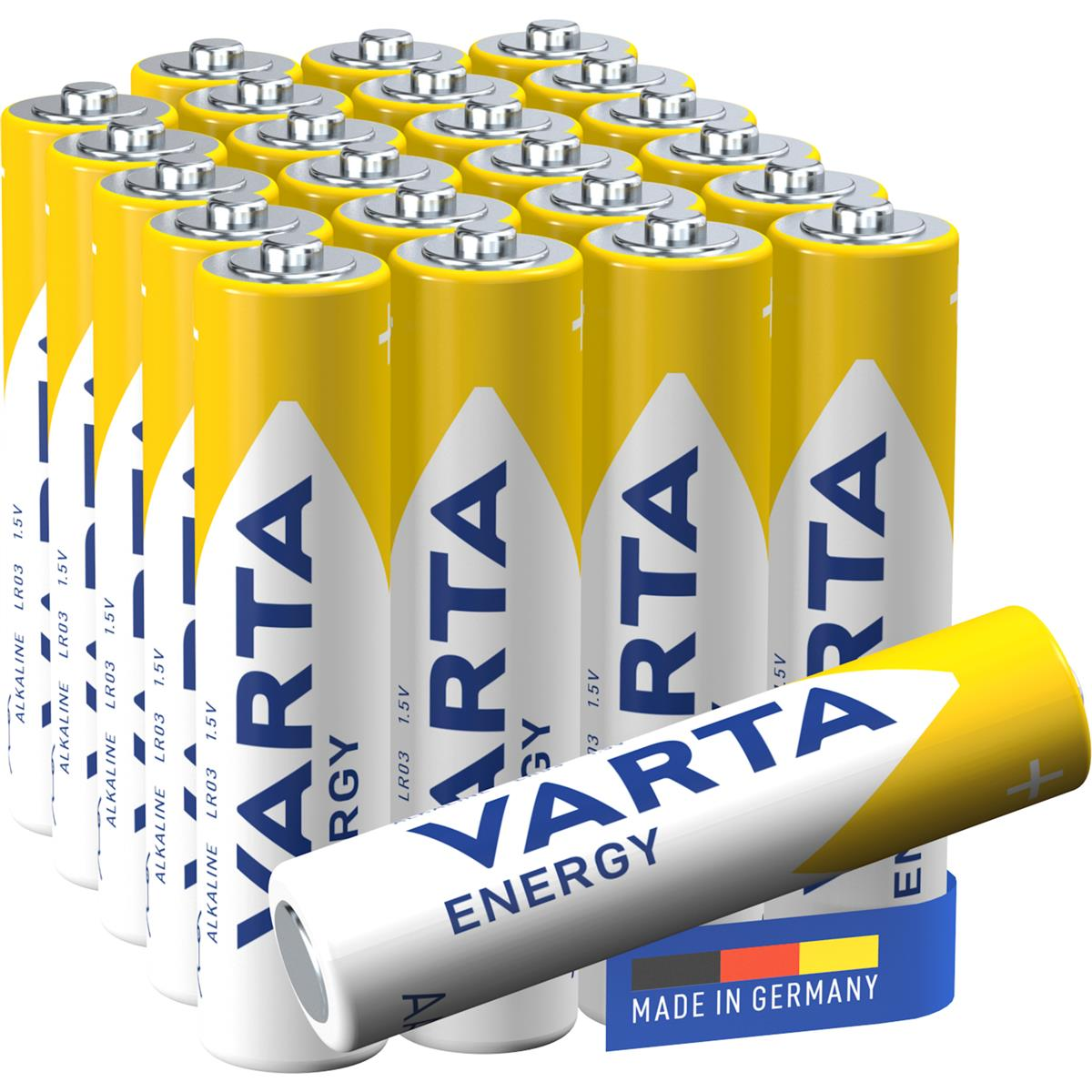 Beaucoup de piles jaunes Varta avec logos bleus, une est devant.