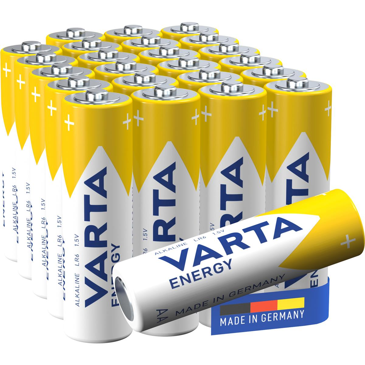 De nombreuses piles Varta AA, certaines devant, avec un design jaune et blanc.