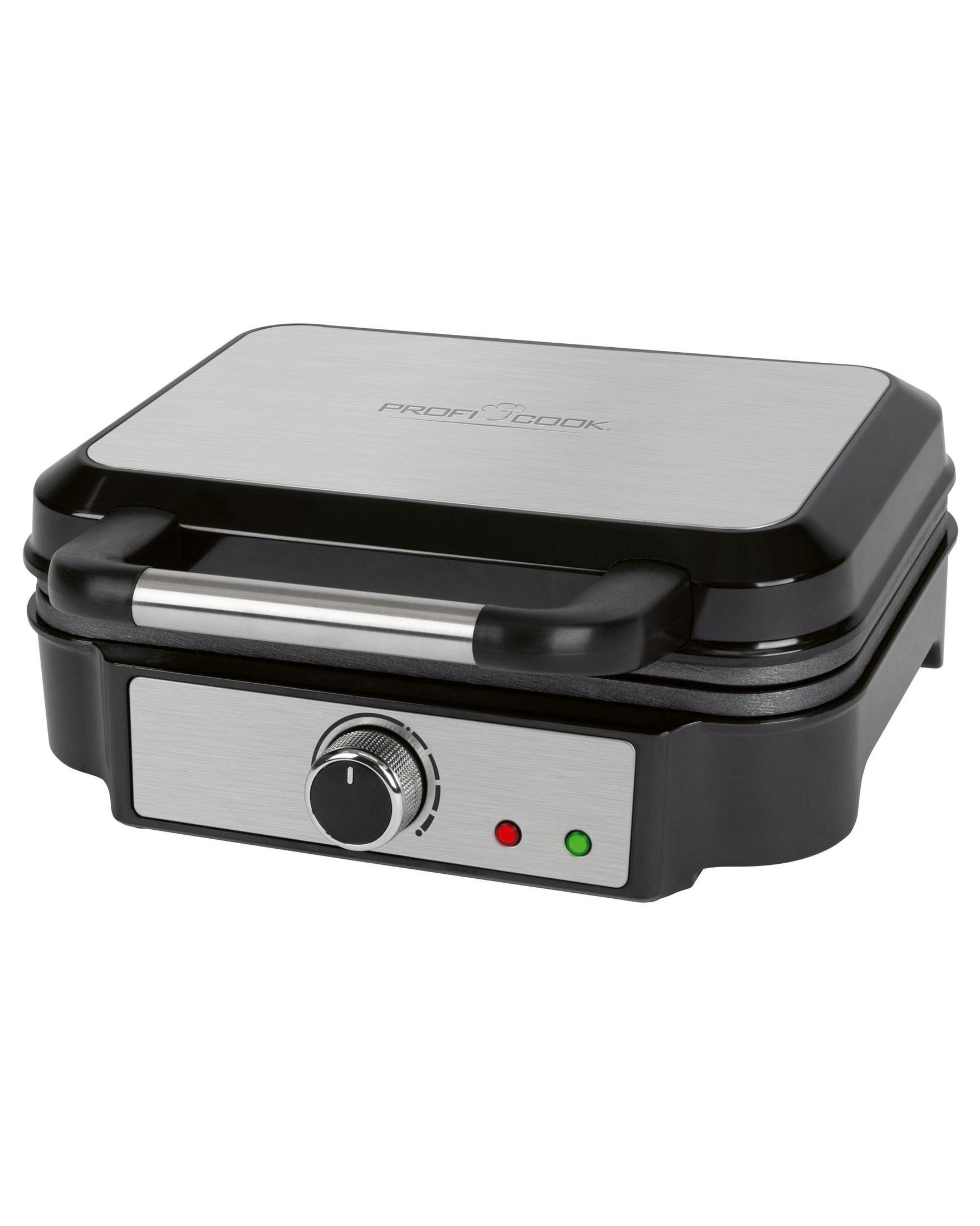 Una parrilla de contacto cerrada y negra con tapa y panel de control plateados.