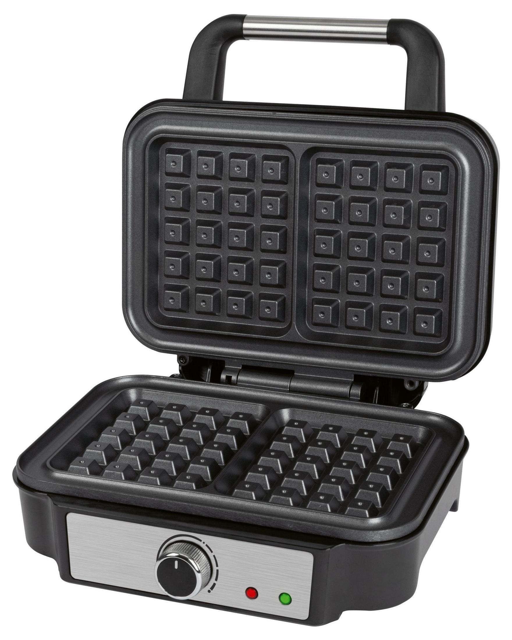 Una gofrera abierta con cuerpo negro y panel frontal plateado.