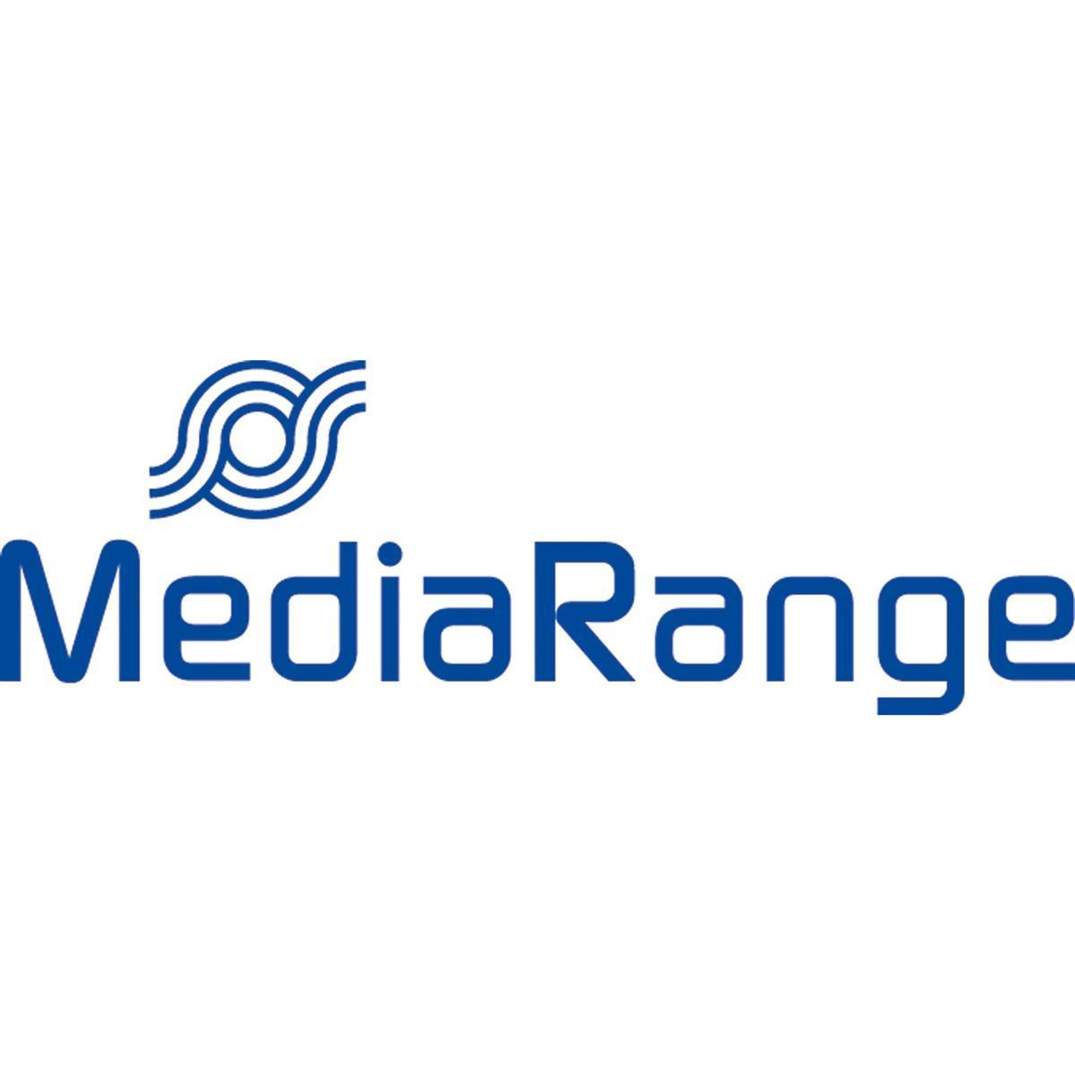 Das Logo zeigt den blauen Schriftzug MediaRange mit einem stilisierten blauen Symbol darüber.