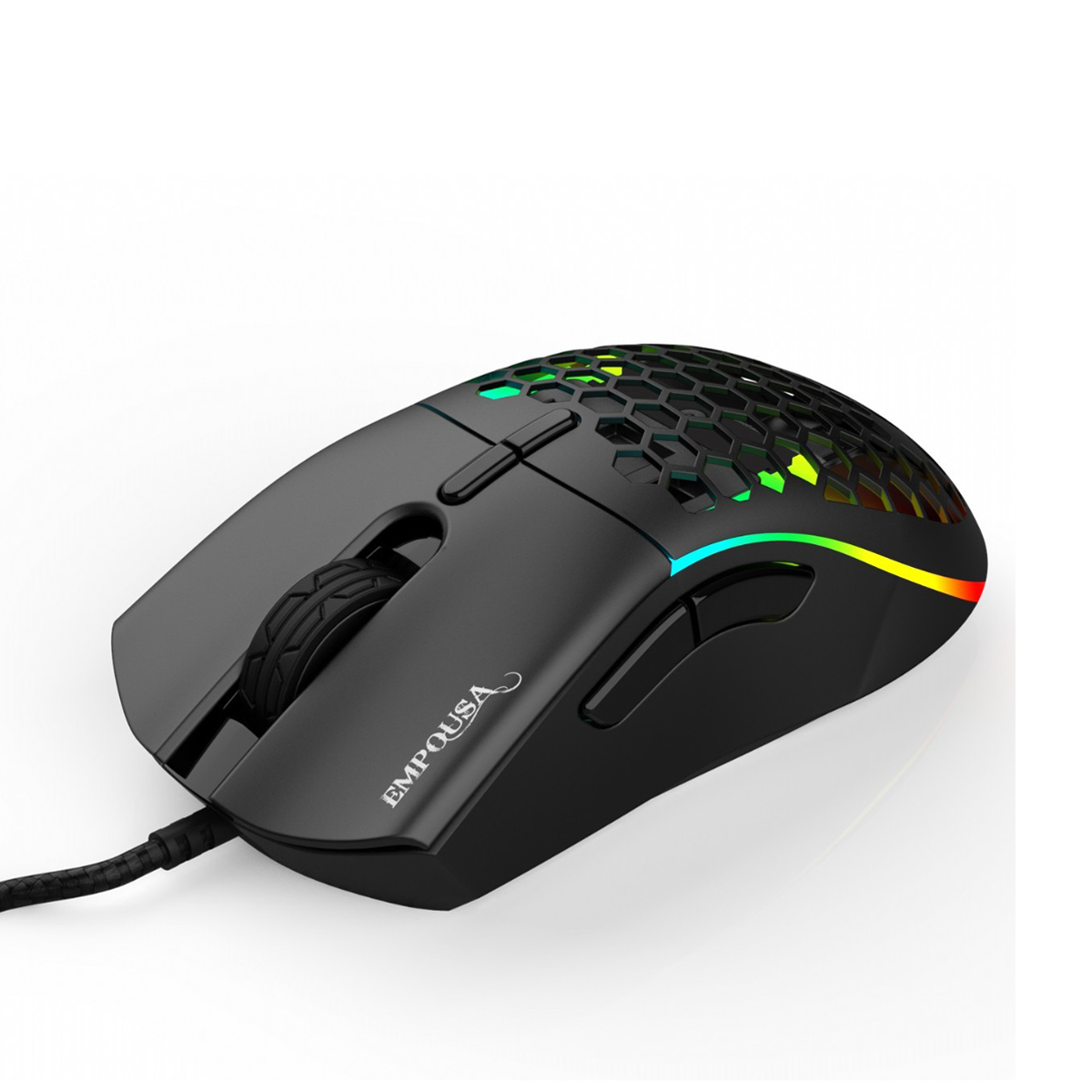 Black gaming mouse with honeycomb design and RGB lighting.
