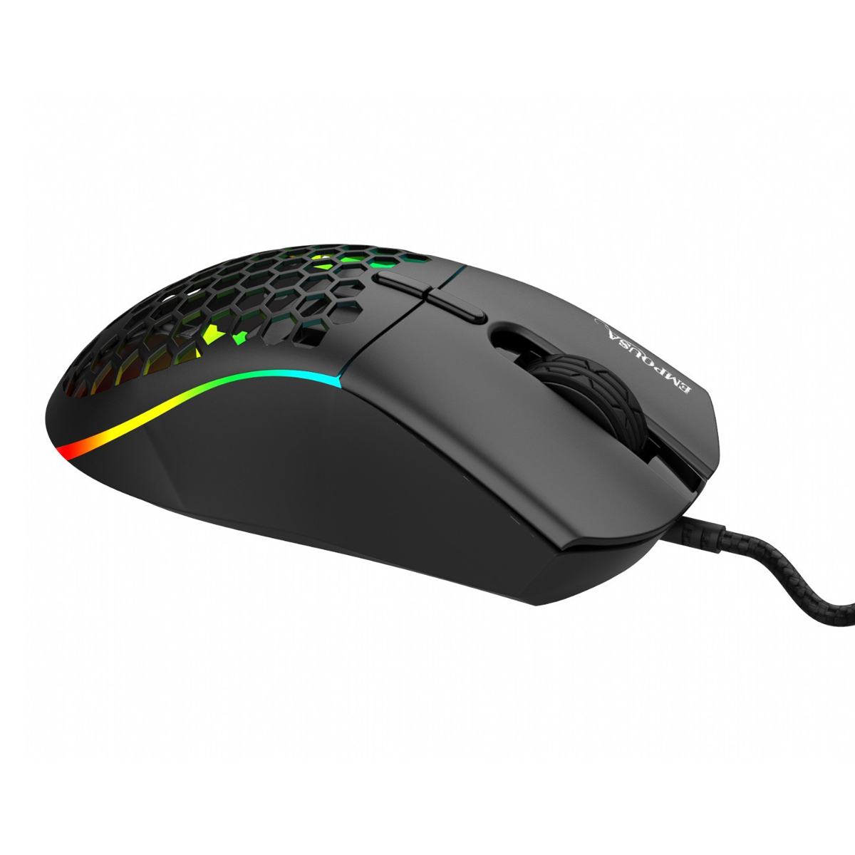 Black gaming mouse with honeycomb pattern and RGB lighting.