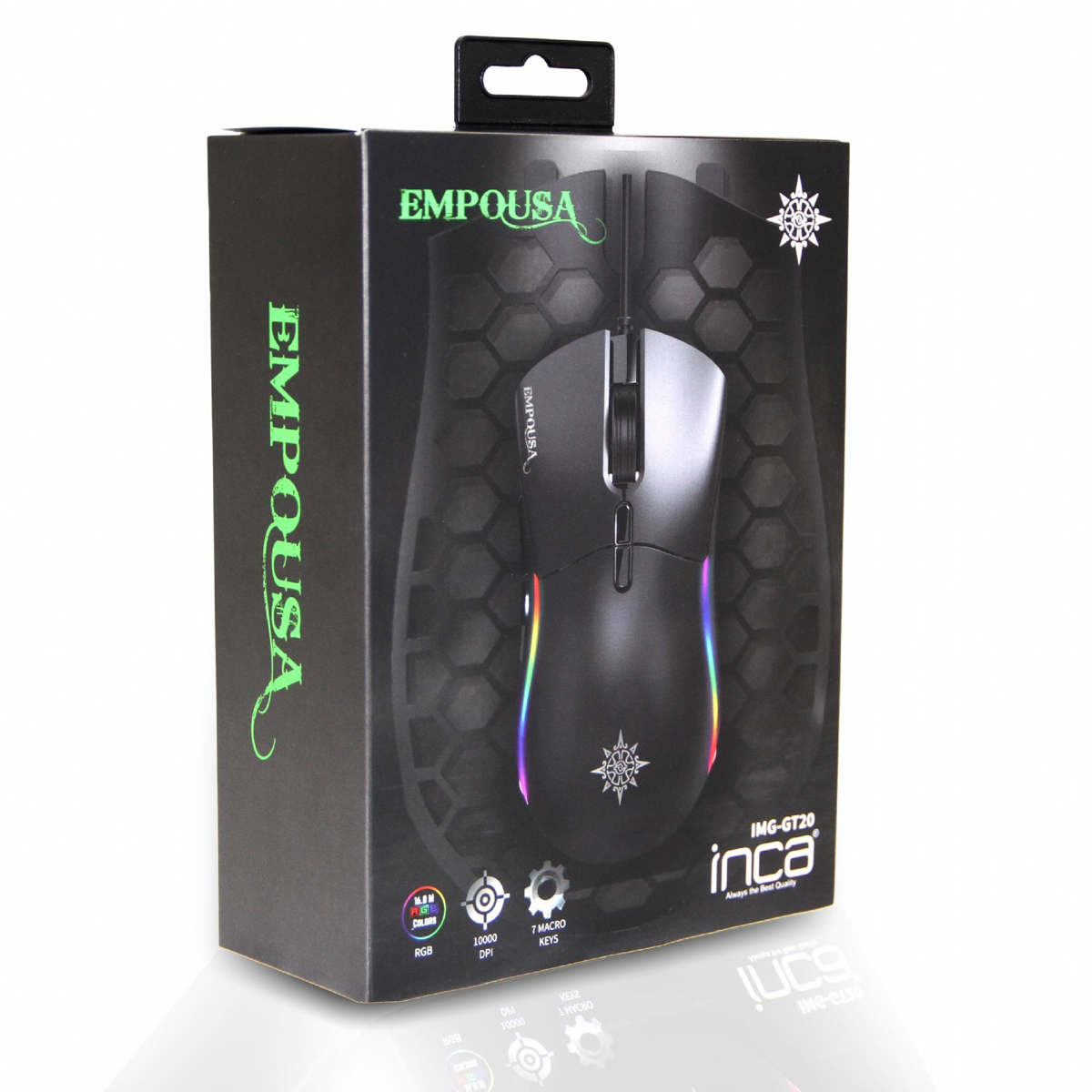 Black gaming mouse on dark packaging with RGB lighting and brand logo.