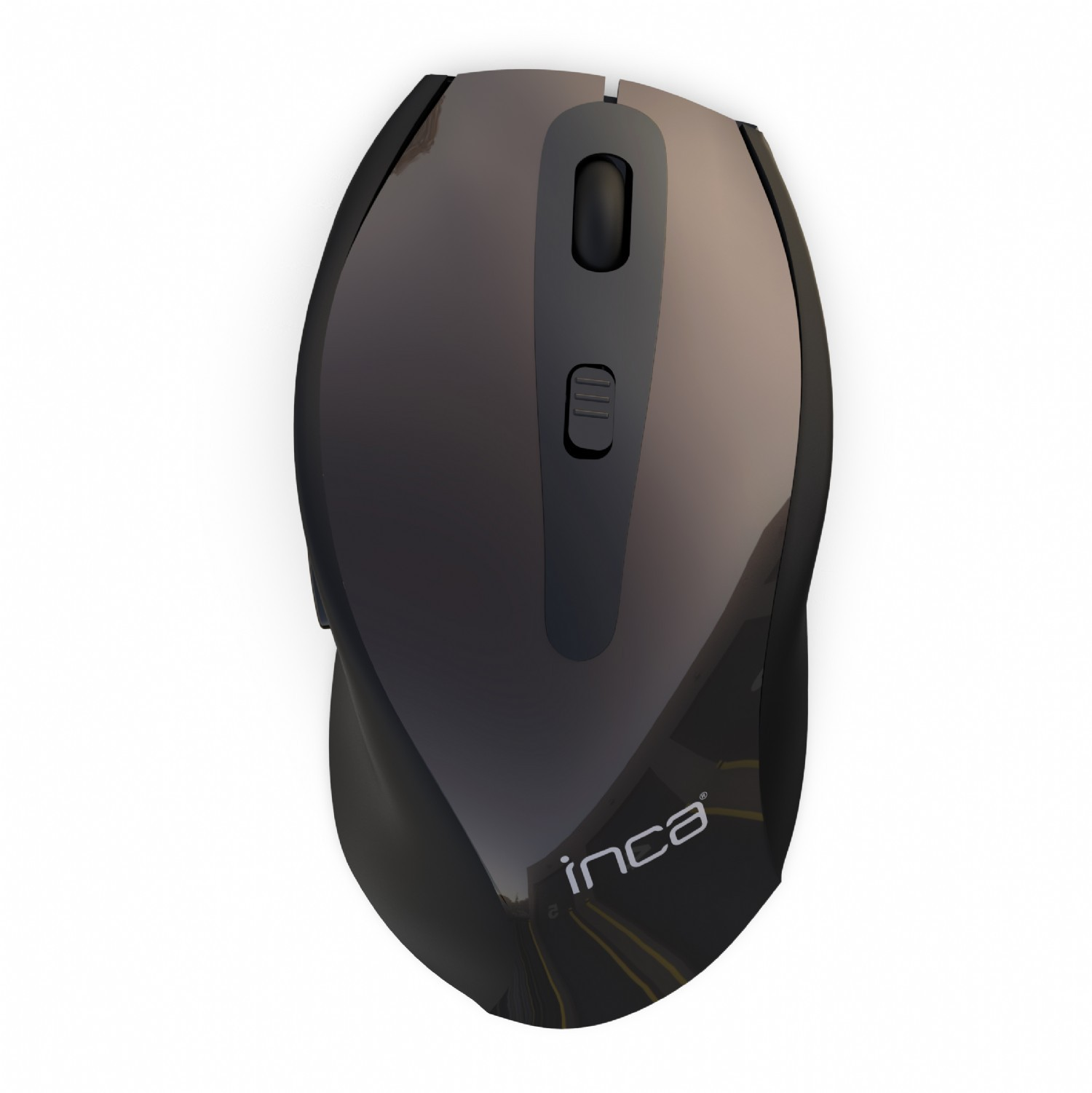 A dark, glossy computer mouse with a scroll wheel and buttons on a white background.