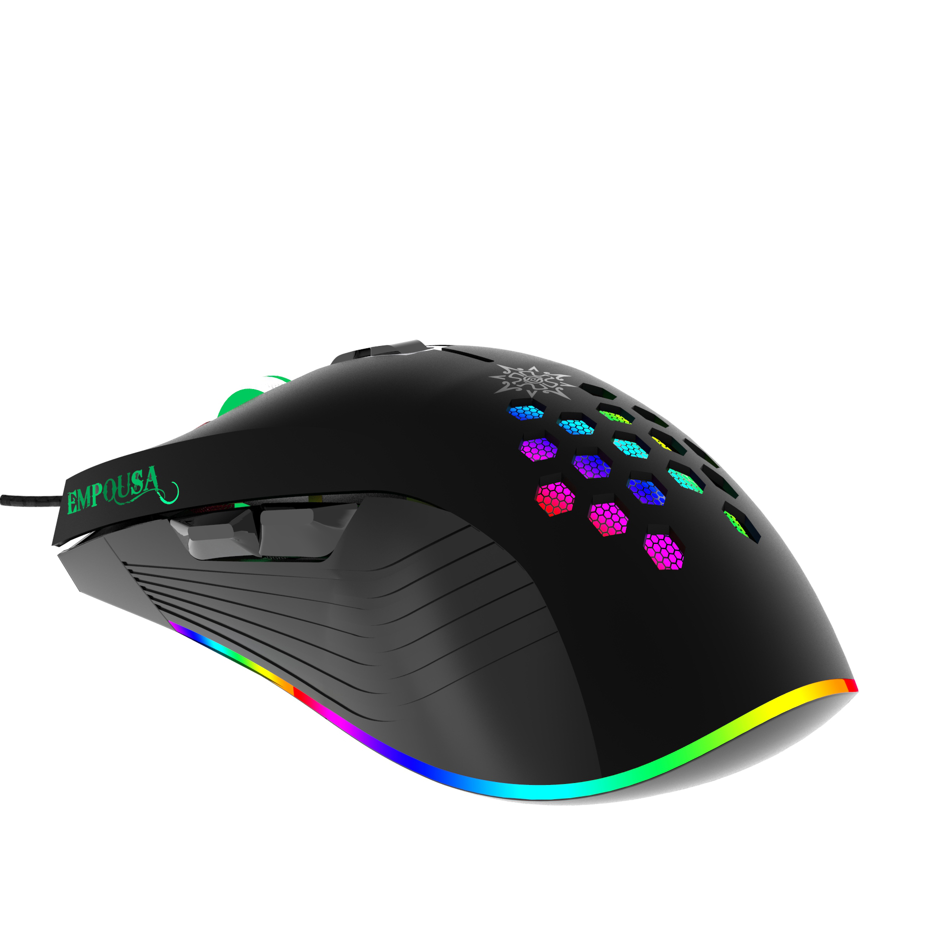 Eine schwarze Gaming-Maus mit RGB-Beleuchtung und Wabenakzenten.