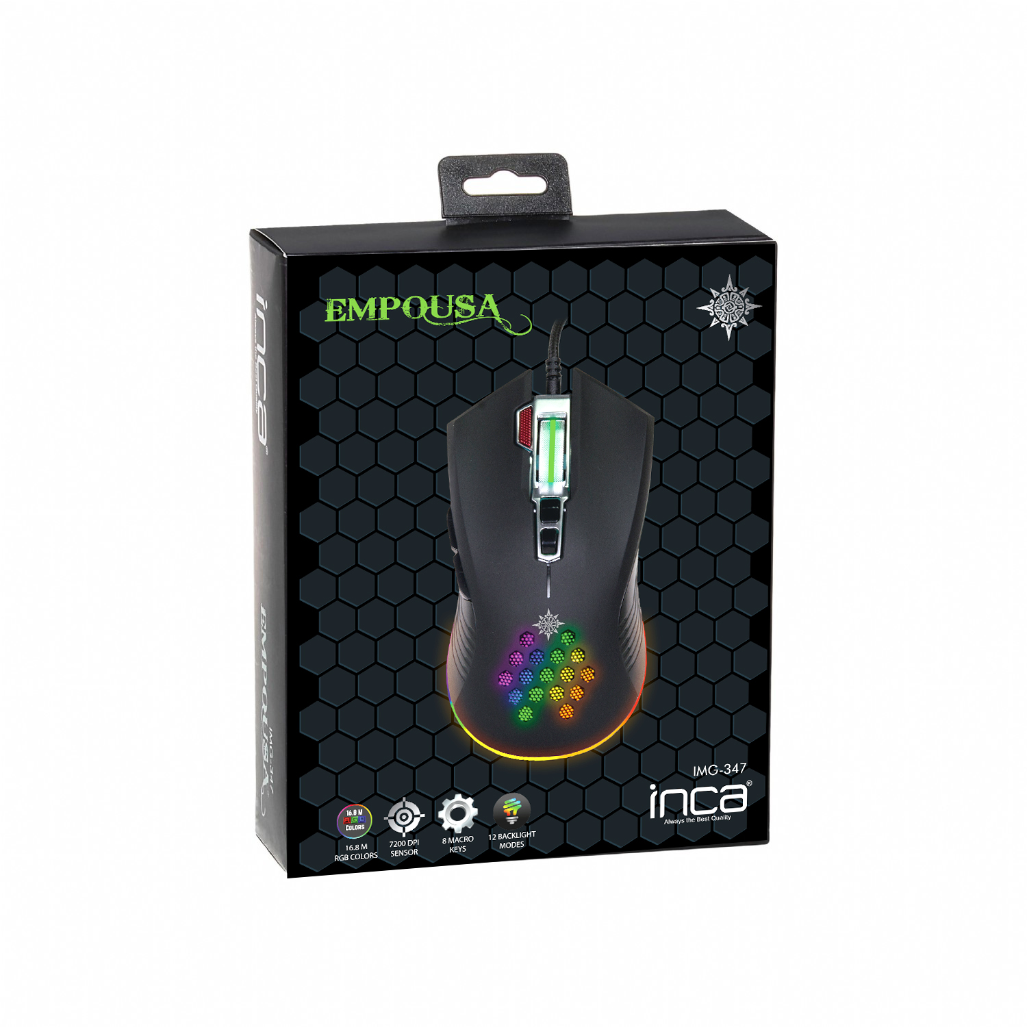 Schwarze Mausverpackung mit einem Bild einer RGB-Gaming-Maus und Produktmerkmalen.