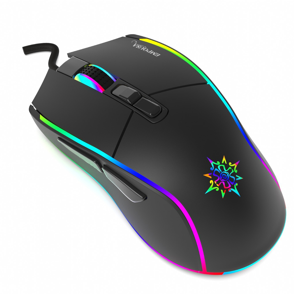Schwarze Gaming-Maus mit RGB-Beleuchtung und Stern-Logo.