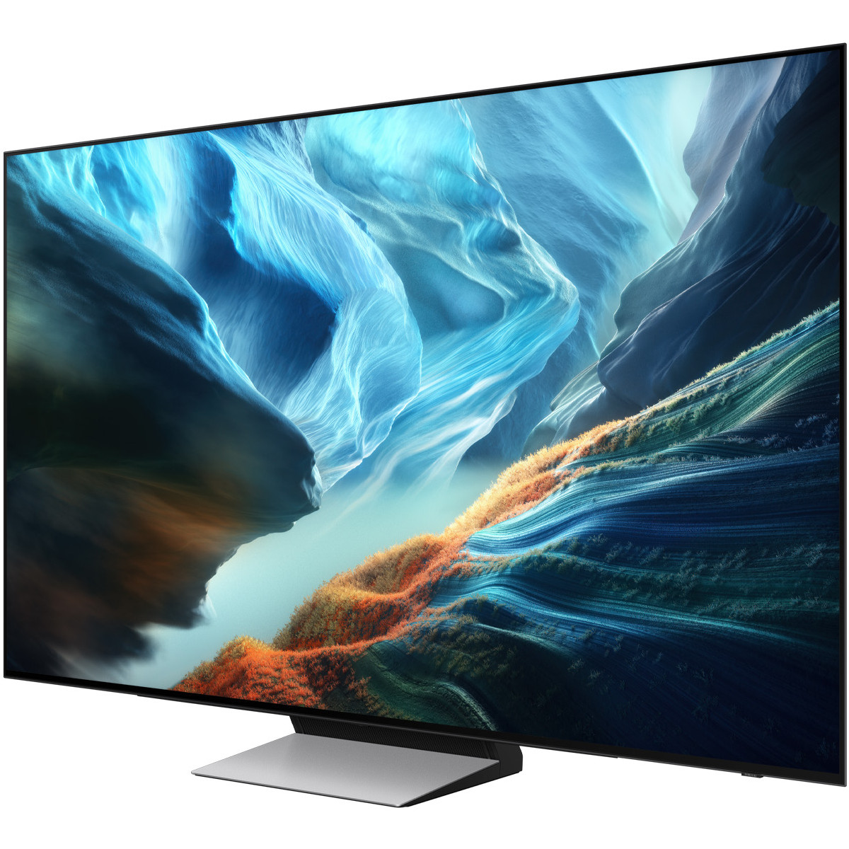 Una TV moderna a schermo piatto che mostra un paesaggio surreale e vibrante sullo schermo.