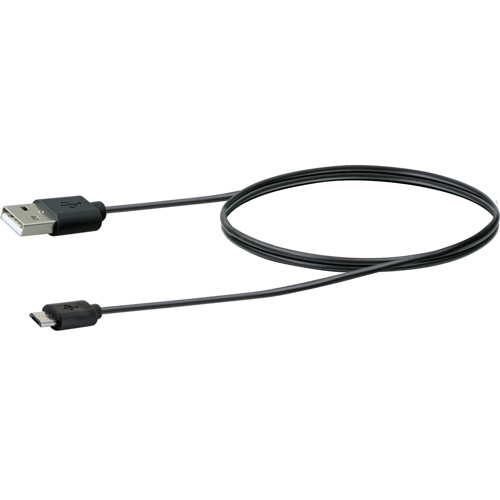 Schwarzes USB-zu-Micro-USB-Kabel auf weißem Hintergrund aufgerollt.