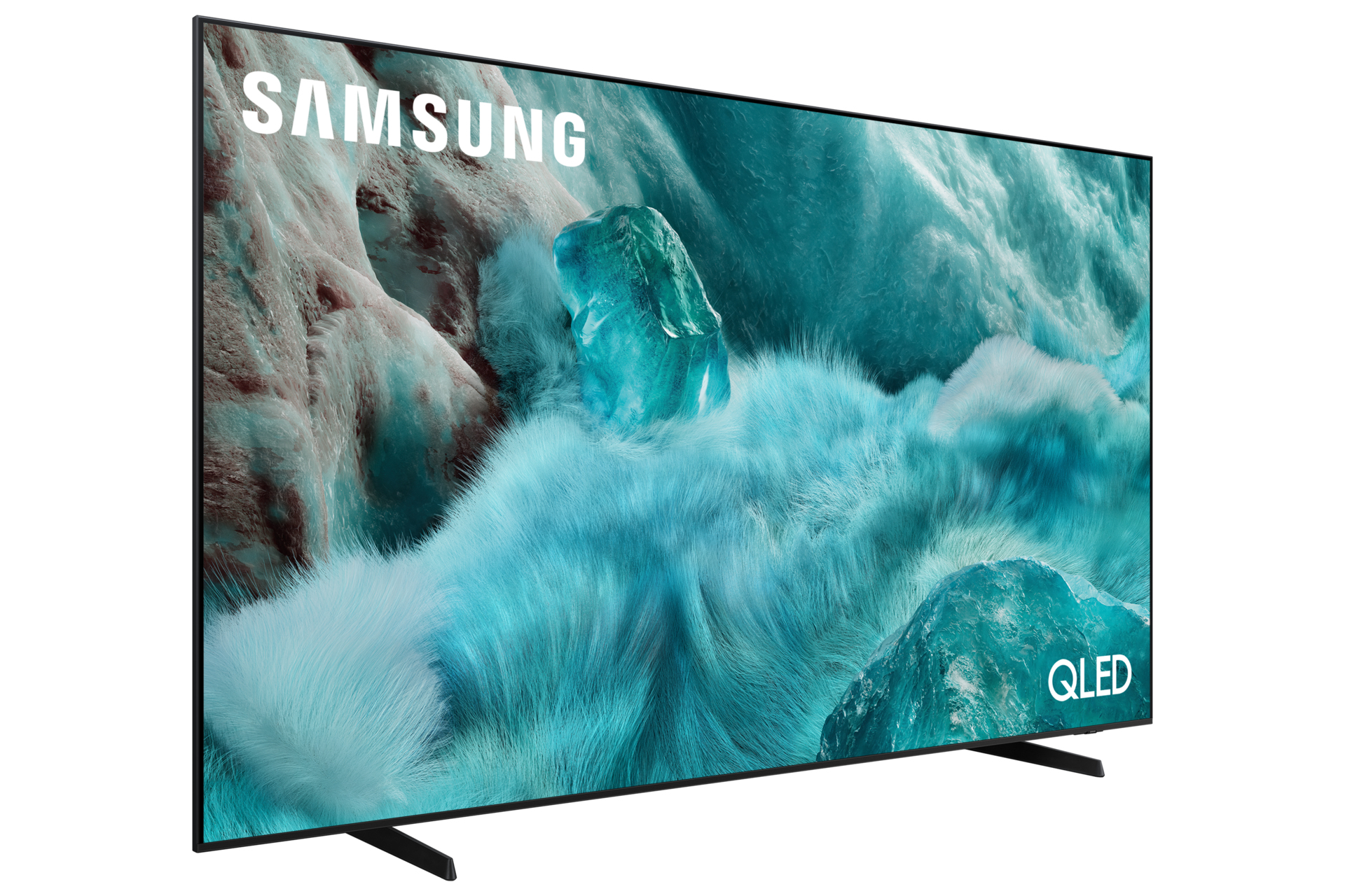 Una TV Samsung QLED con uno sfondo astratto e ghiacciato nei toni del blu e bianco. Cornice nera.