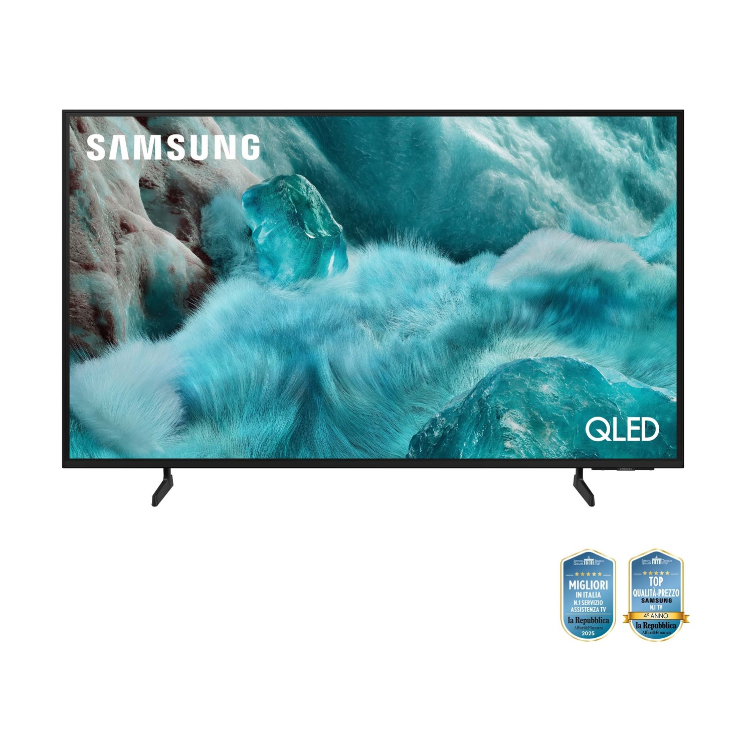 Un TV Samsung QLED mostra uno sfondo blu ghiaccio con due premi sotto.
