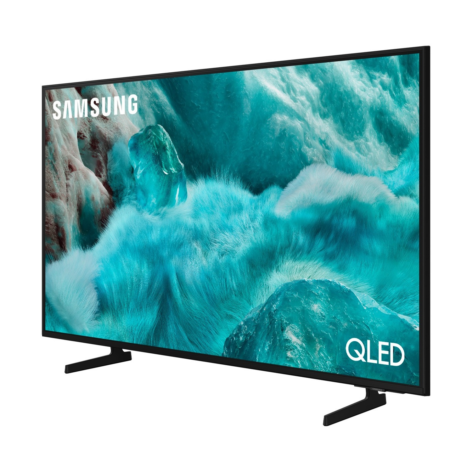 TV Samsung QLED con uno sfondo astratto blu e bianco vibrante.