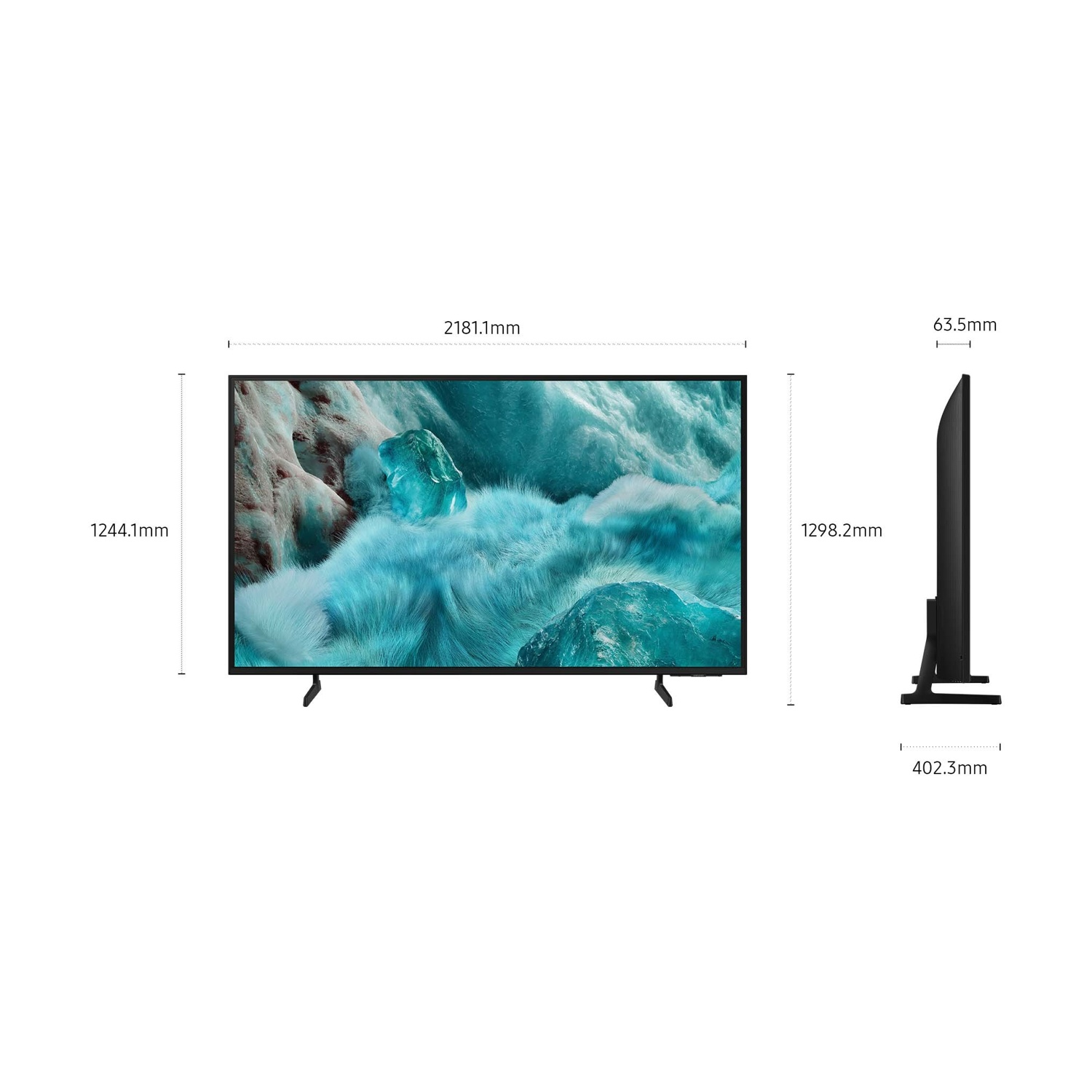 Una grande TV con supporto e vista laterale, dimensioni fornite.