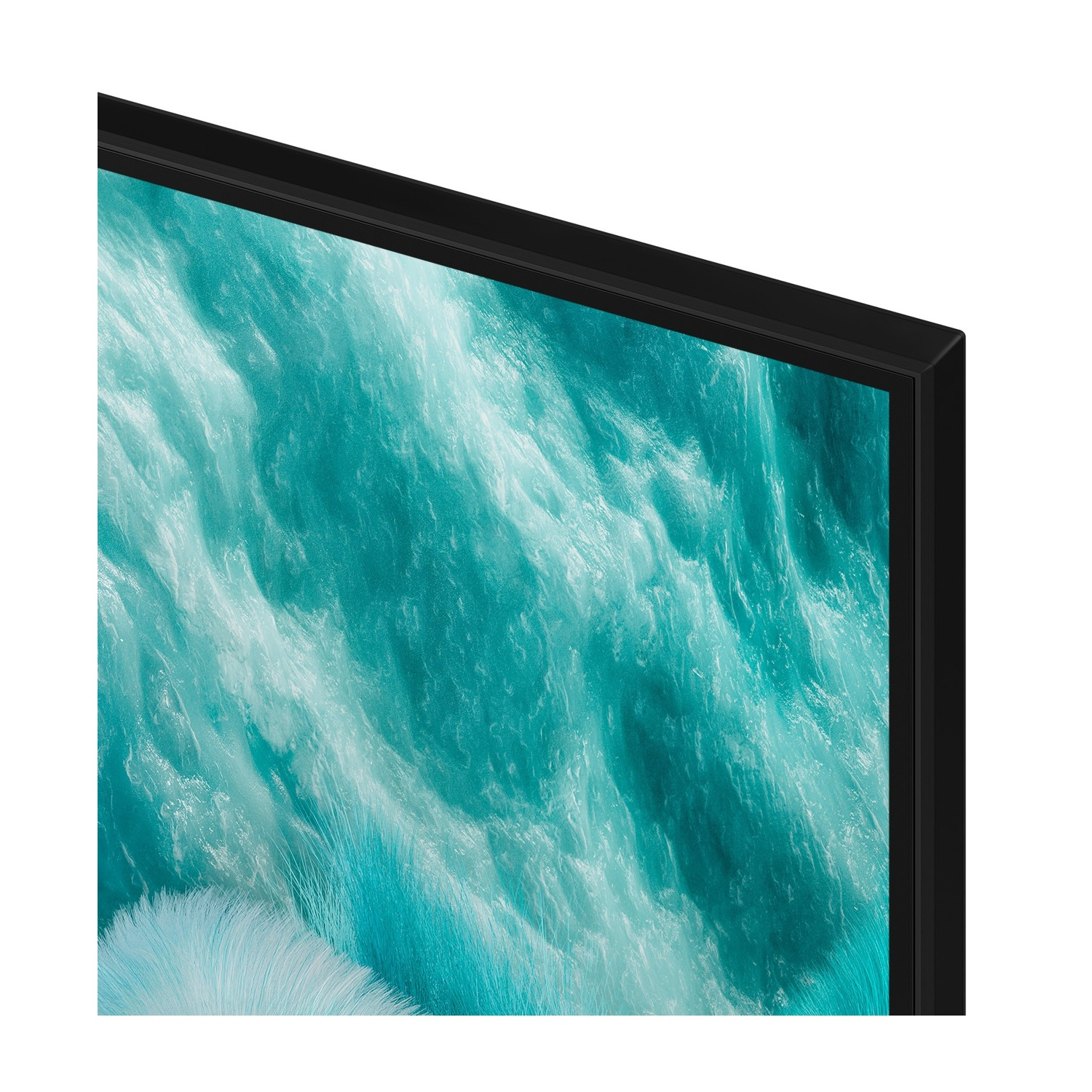 Parte di una cornice TV nera con un'immagine turchese dell'acqua.