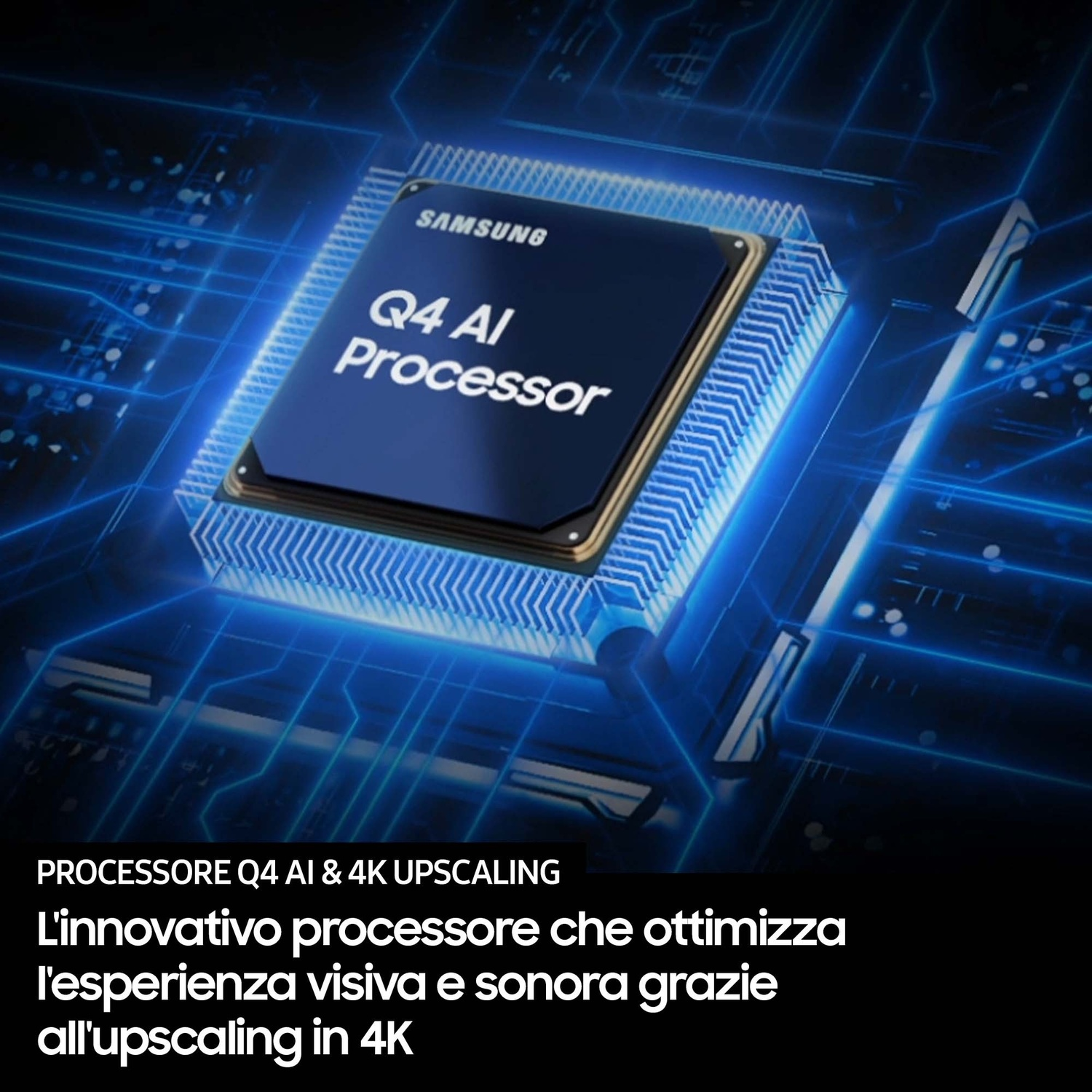 Un processore Samsung Q4 AI con circuiti blu sullo sfondo.