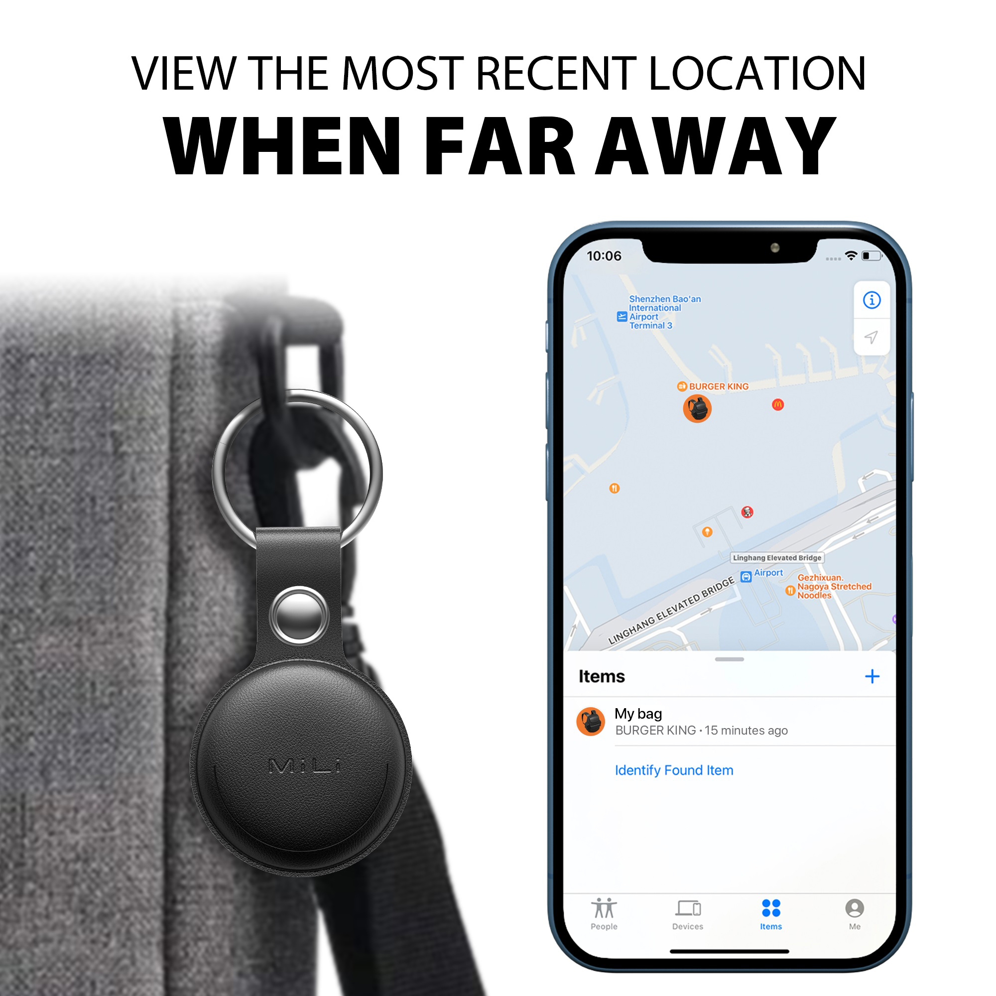 Un portachiavi nero con 'MILI' su una borsa grigia, accanto a un iPhone che mostra una mappa.