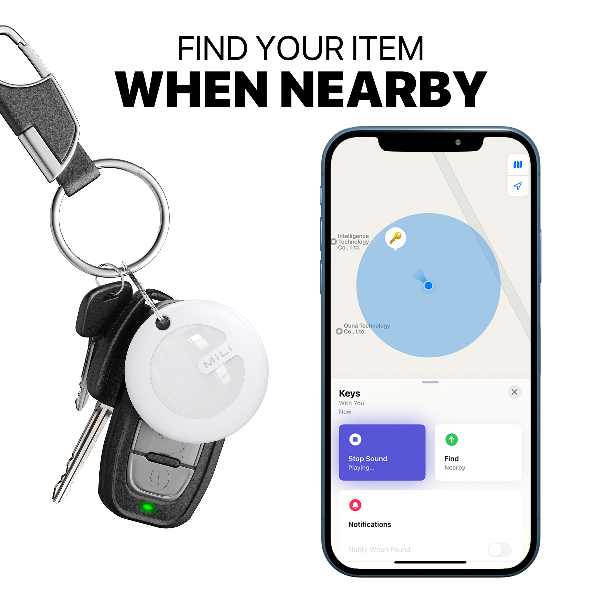 Un portachiavi con chiavi e un tracker accanto a un telefono che mostra una mappa con un'icona di chiave.