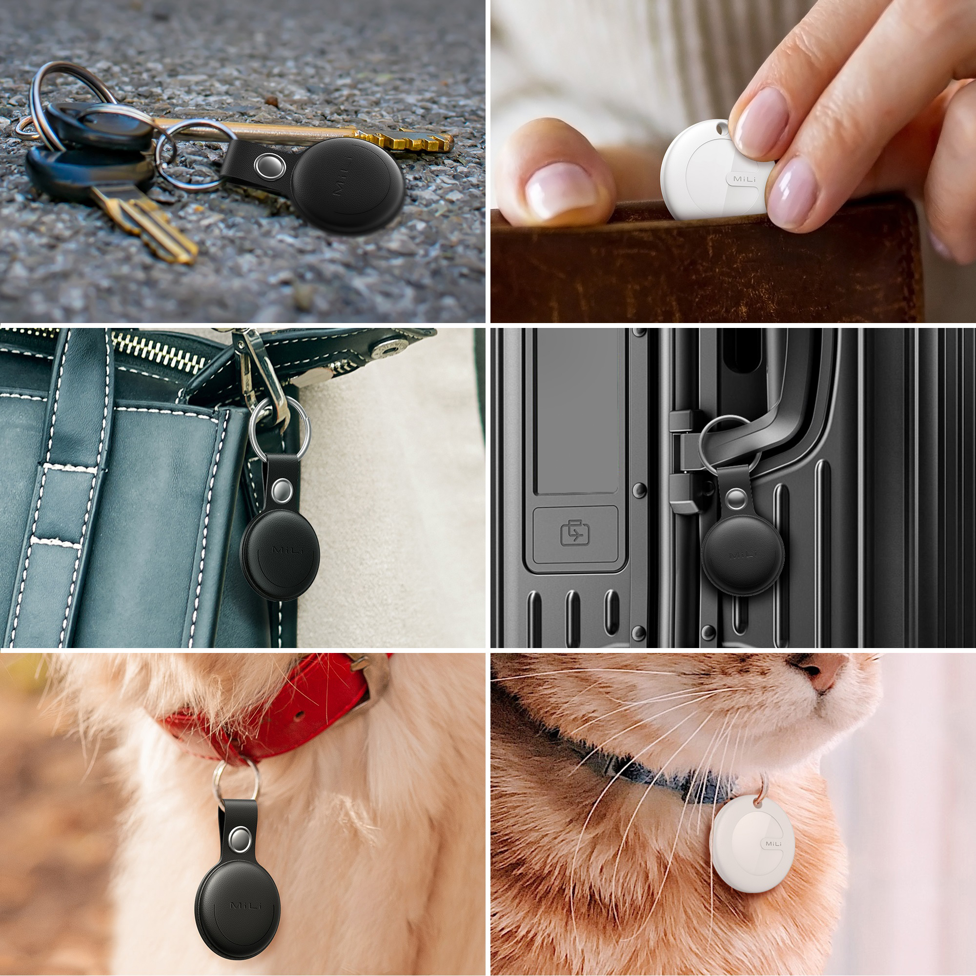 Tracciatore nero su chiavi, bianco su borsa, nero su valigia, nero su collare cane, bianco su gatto.