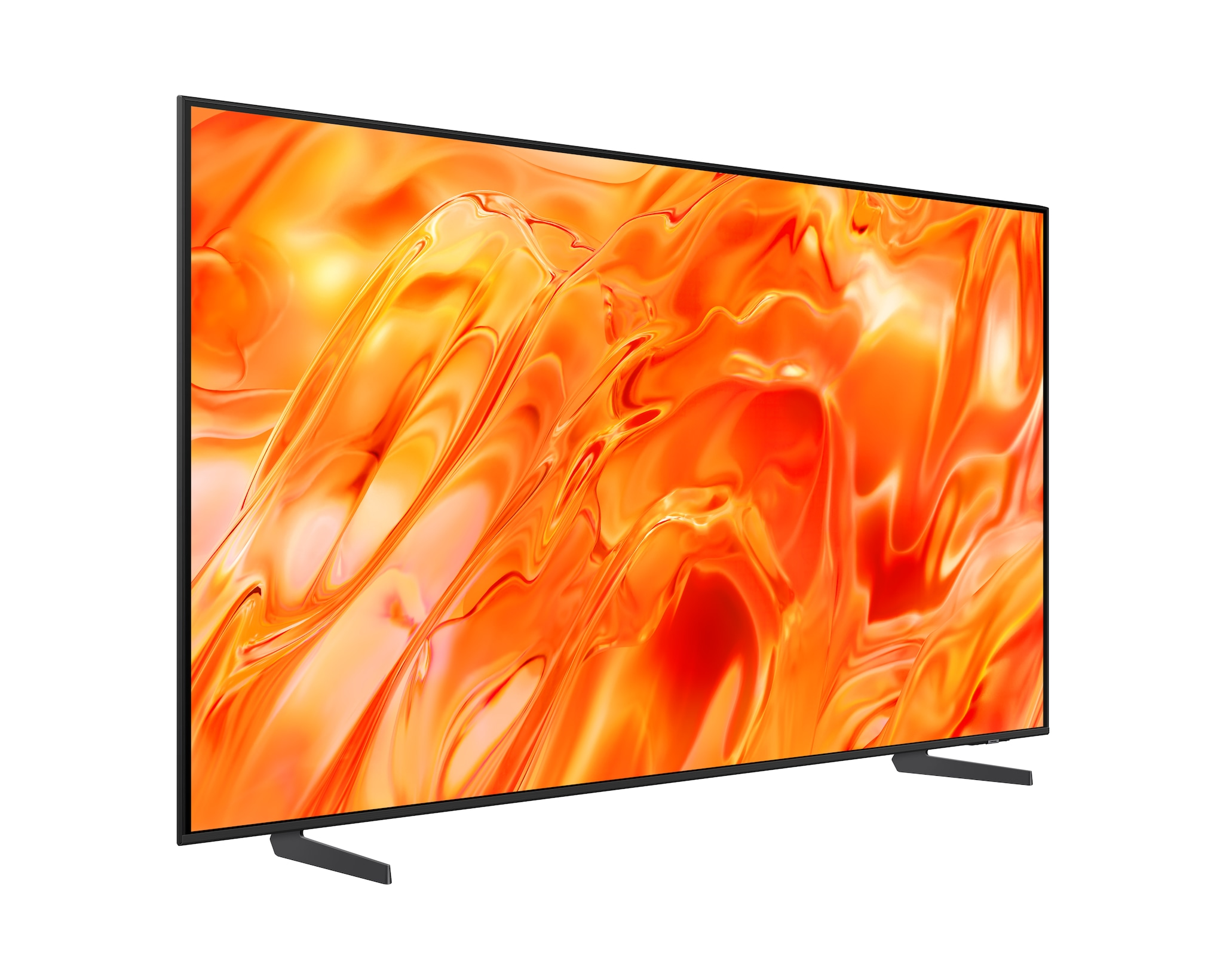 Un moderno televisore nero con uno sfondo astratto arancione.