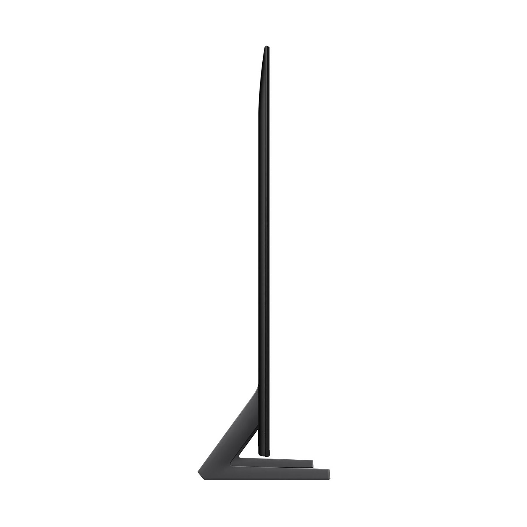 Una TV nera e sottile con supporto moderno su sfondo bianco.