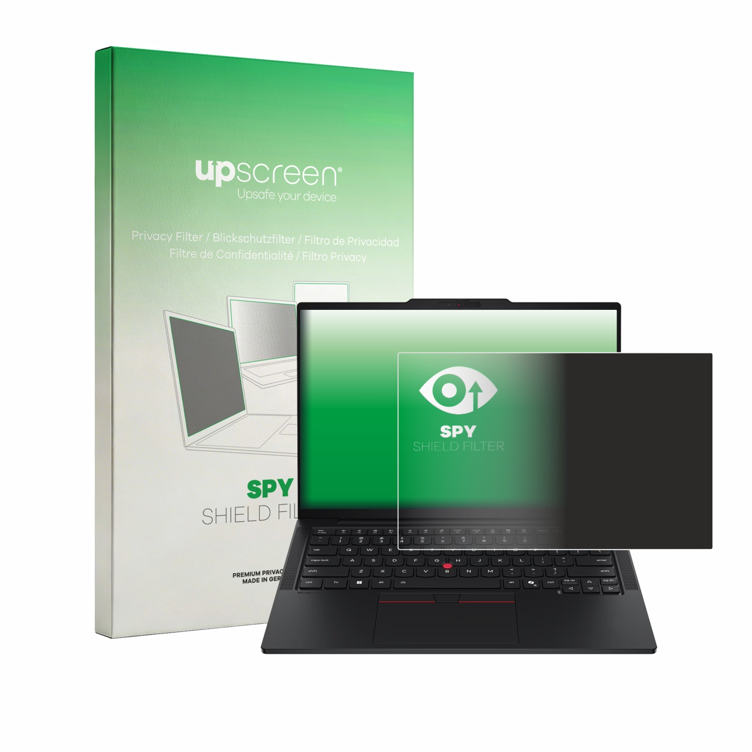 Ein Laptop mit einem aufgesetzten Sichtschutzfilter, daneben die Verpackung.