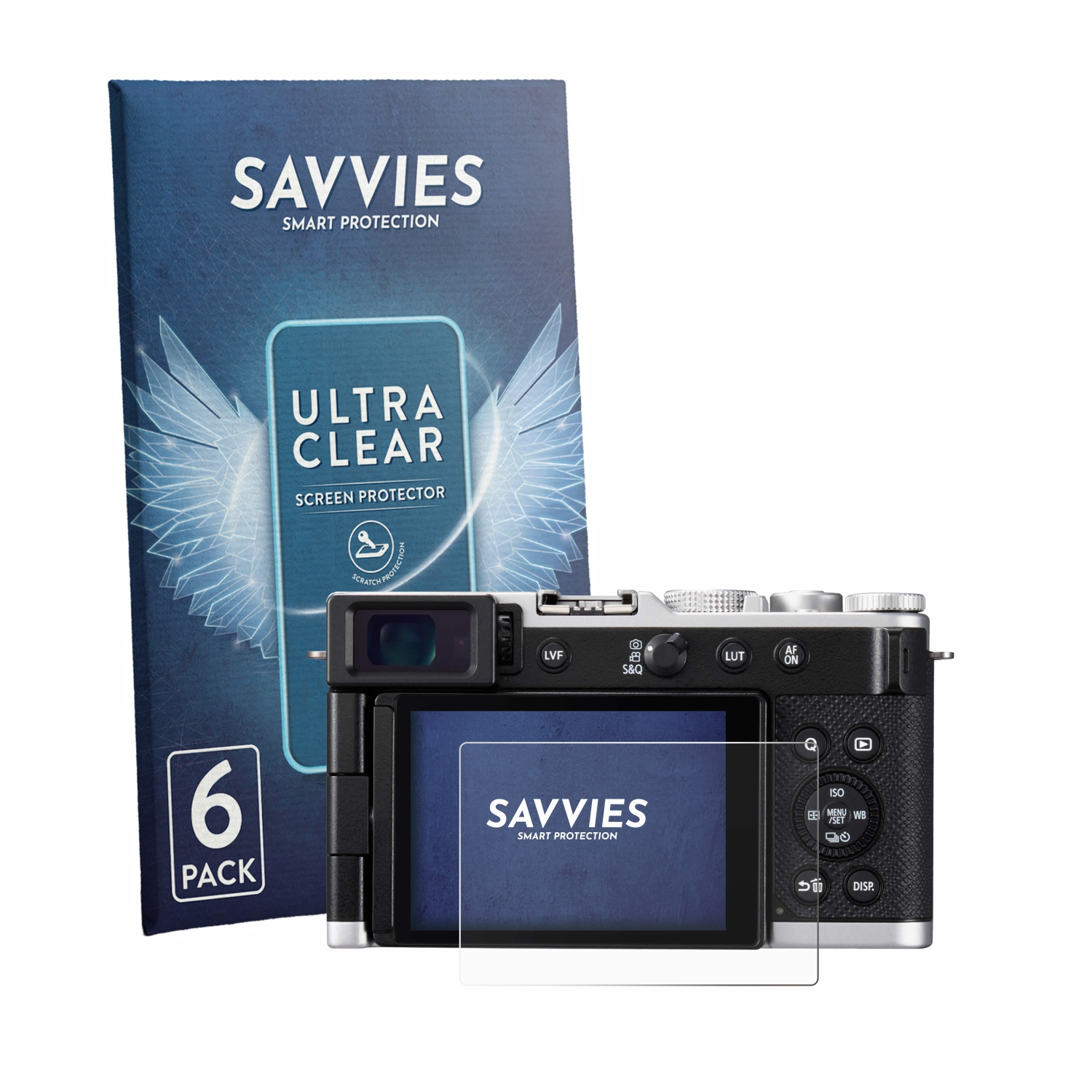 Savvies Displayschutzfolie für Kameras mit 6er-Pack und Anleitung.
