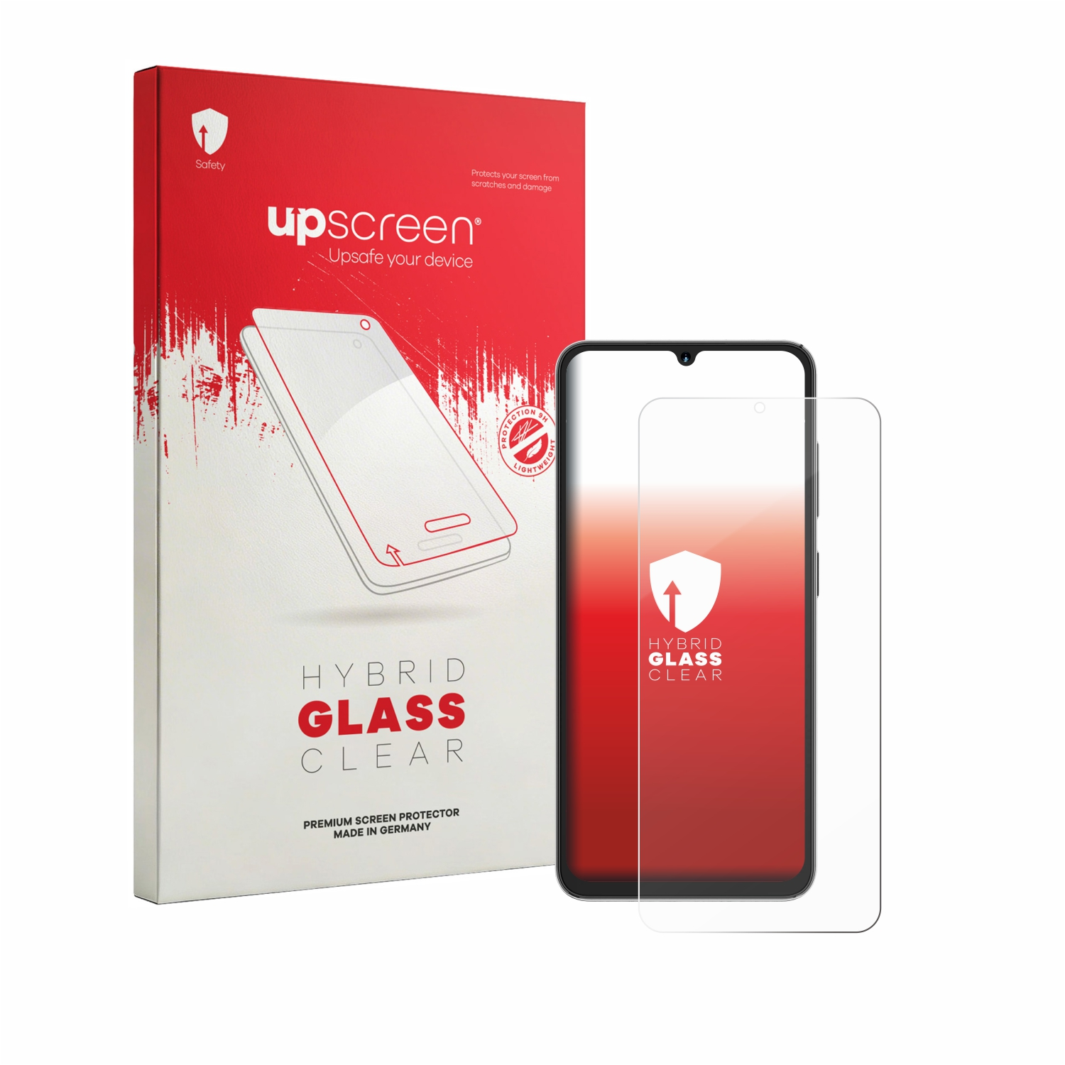 Verpackung und Displayschutzfolie für ein Smartphone. Rote und weiße Box. Klare Displayschutzfolie.
