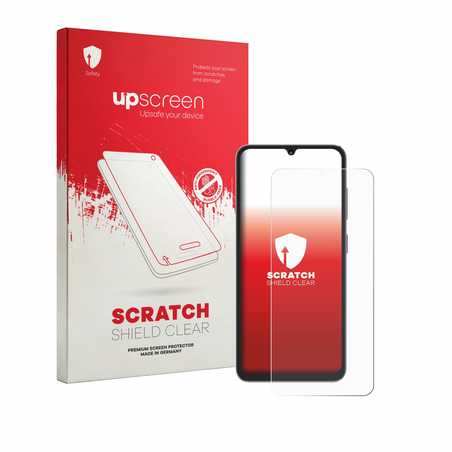 Rote Schachtel mit 'upscreen'-Logo und Displayschutzfolie neben Smartphone.