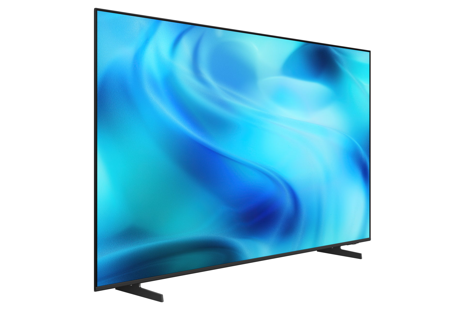 Una TV nera e sottile poggia su una base stretta, mostrando contenuti astratti blu e turchesi sullo schermo.