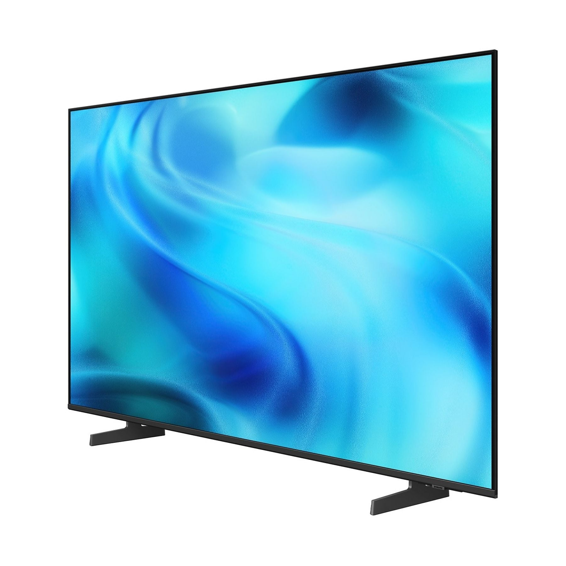Una TV moderna a schermo piatto con cornice nera, su sfondo bianco.