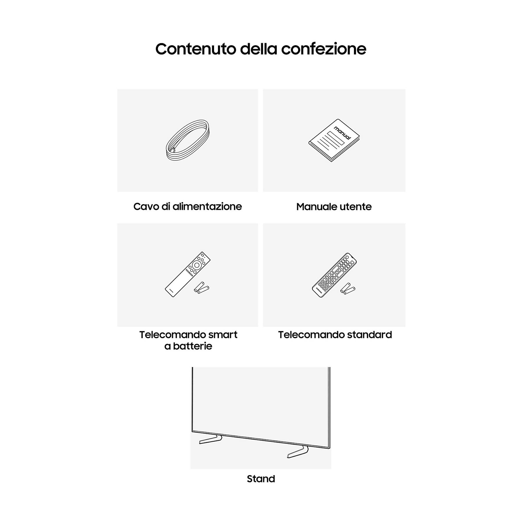 Contenuto della confezione: Cavo di alimentazione, manuale, telecomandi, stand.