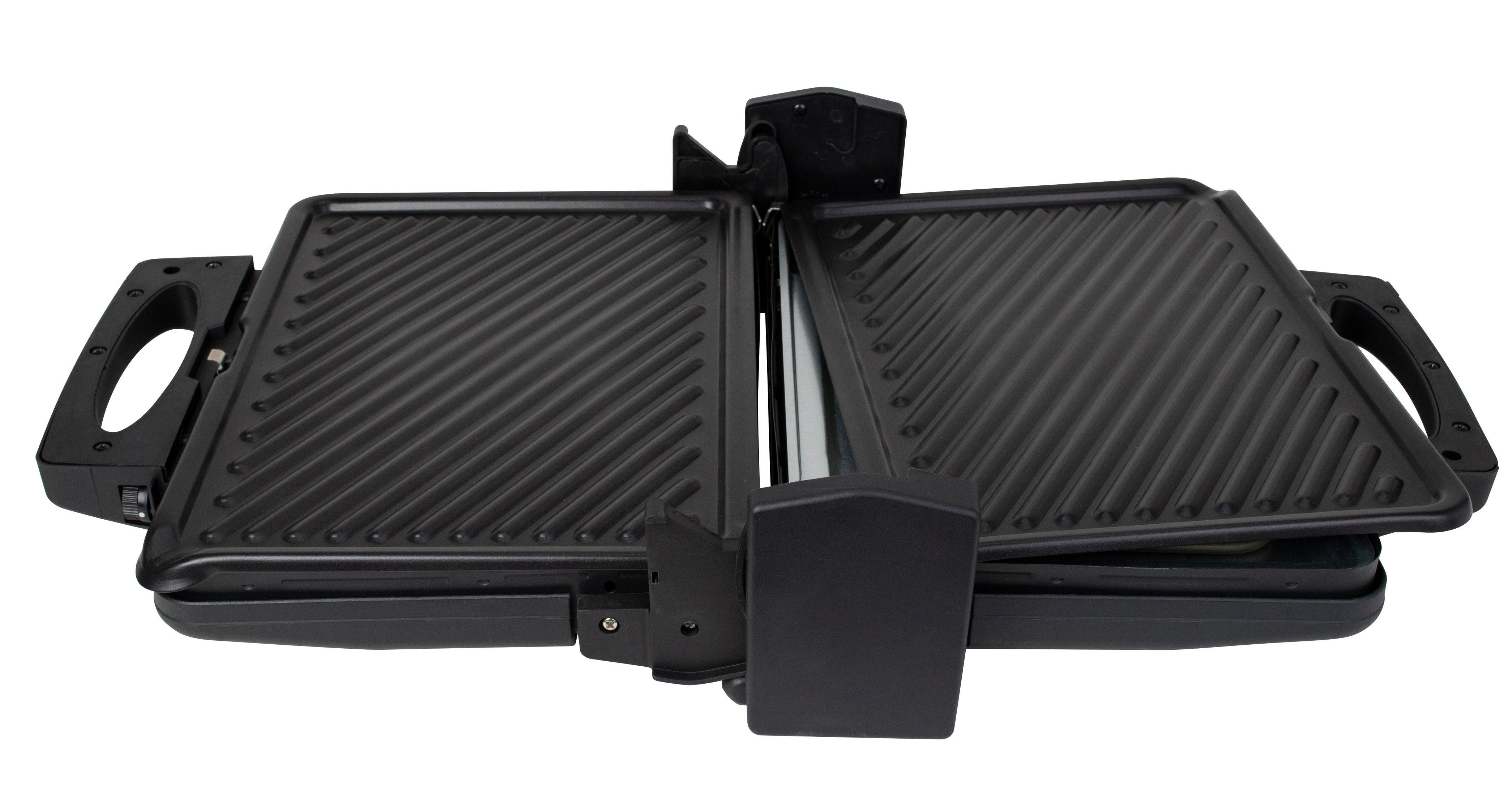 Ein offener schwarzer Kontaktgrill mit geriffelten Platten.