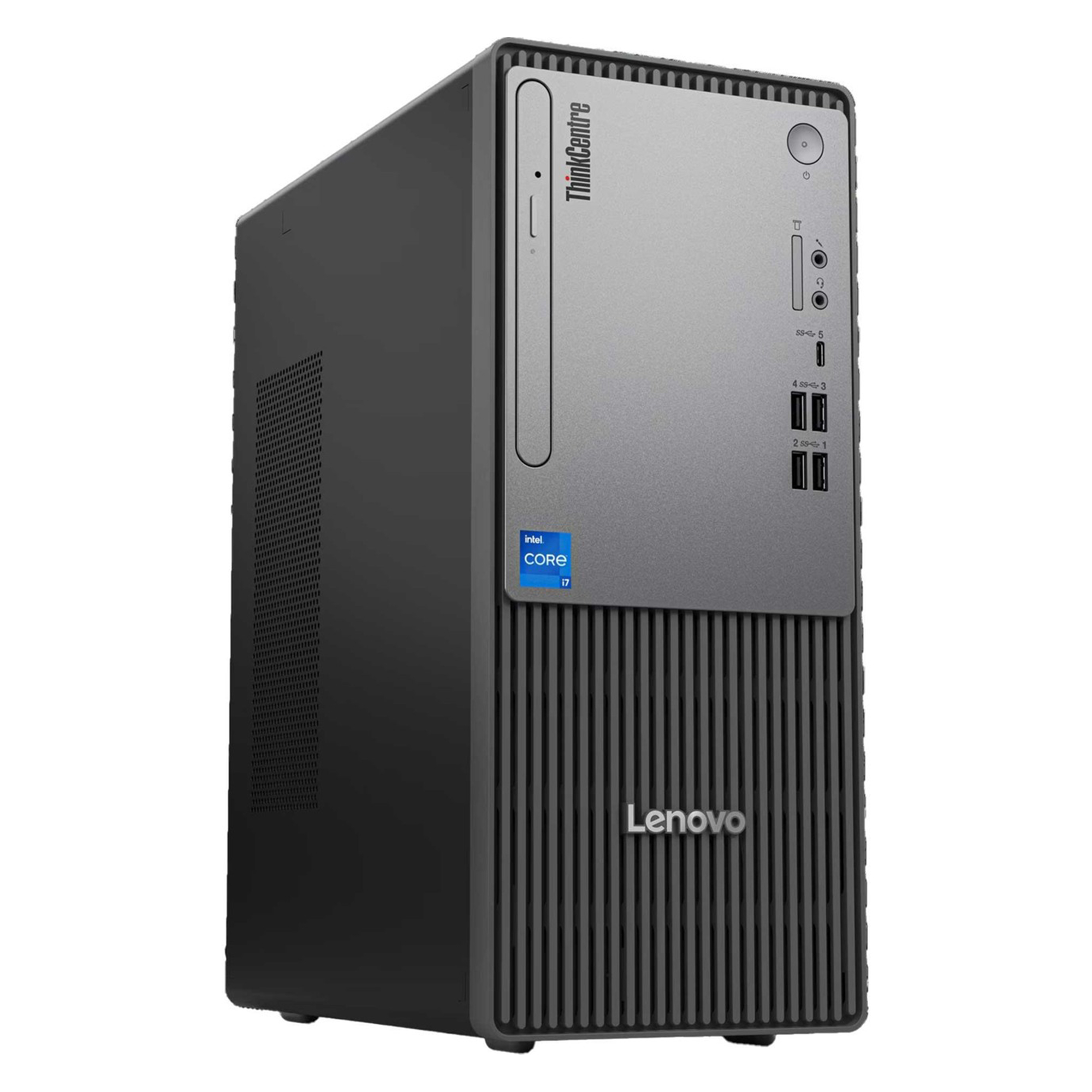 Beyaz arka plan üzerinde Intel Core i7 etiketli gri Lenovo ThinkCentre PC.