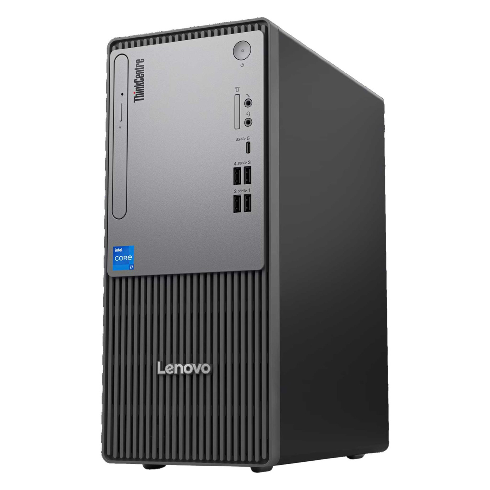 Intel Core i7 etiketli ve bağlantı noktalarına sahip bir Lenovo ThinkCentre masaüstü PC.