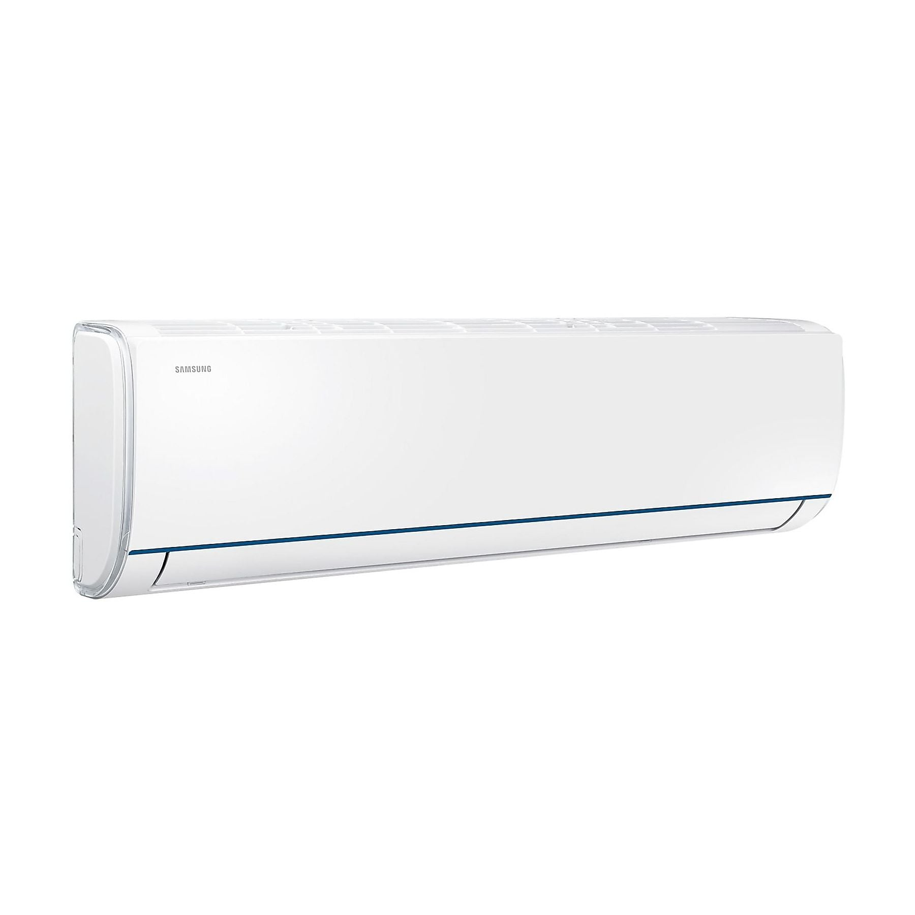 Un condizionatore Samsung bianco con striscia blu, isolato su sfondo bianco.