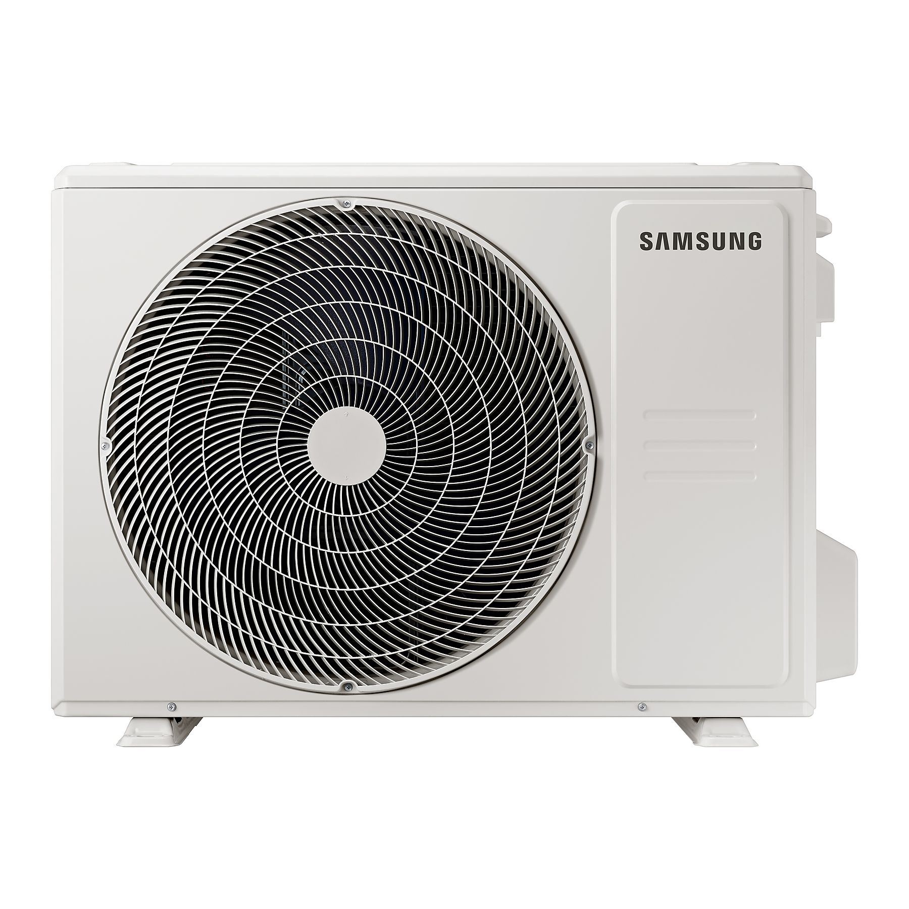 Unità esterna condizionatore Samsung bianca con grande griglia ventola.