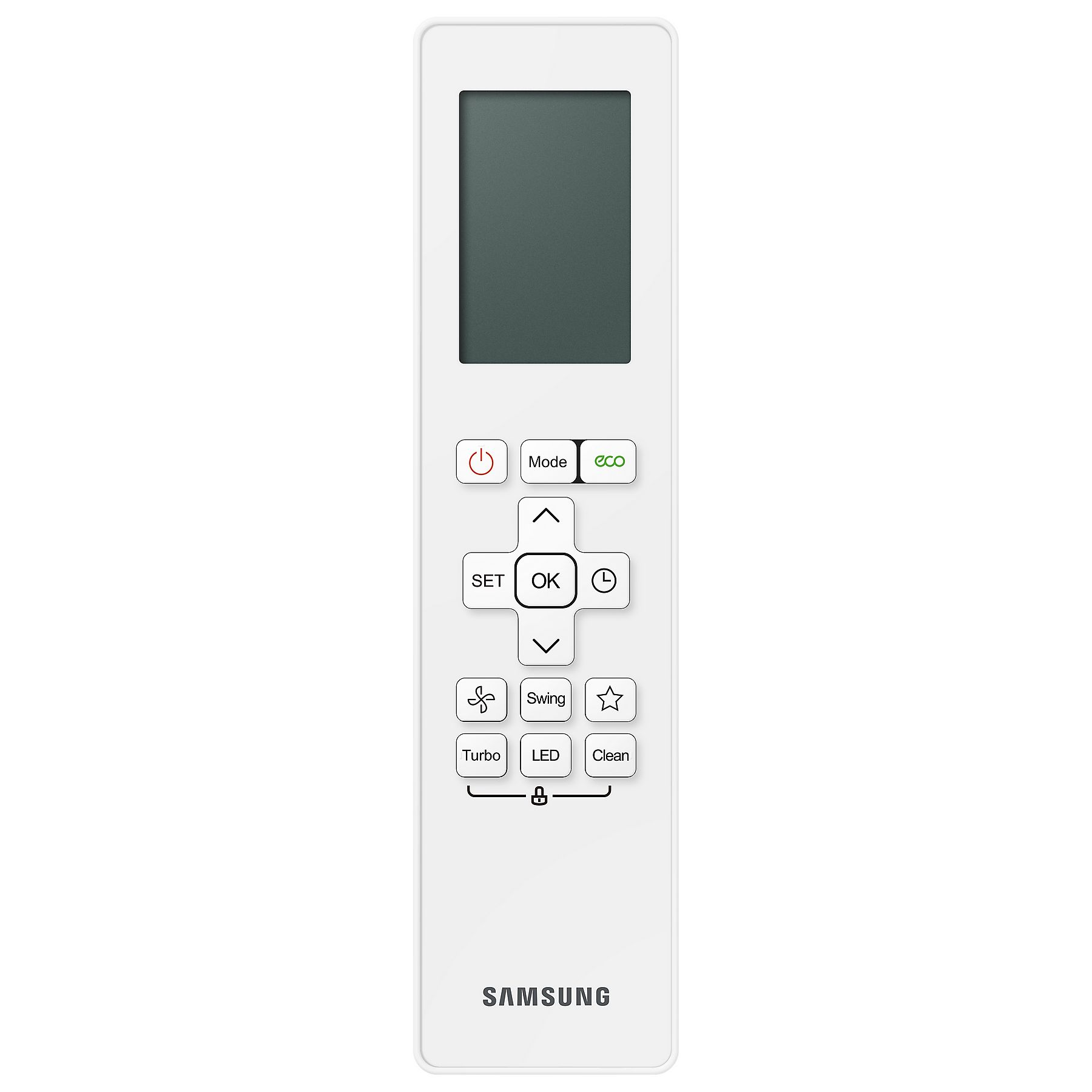 Un telecomando bianco per condizionatore con display e pulsanti.