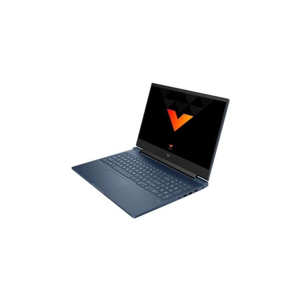 Siyah ekranda parlak turuncu "V" logosu olan mavi bir dizüstü bilgisayar.