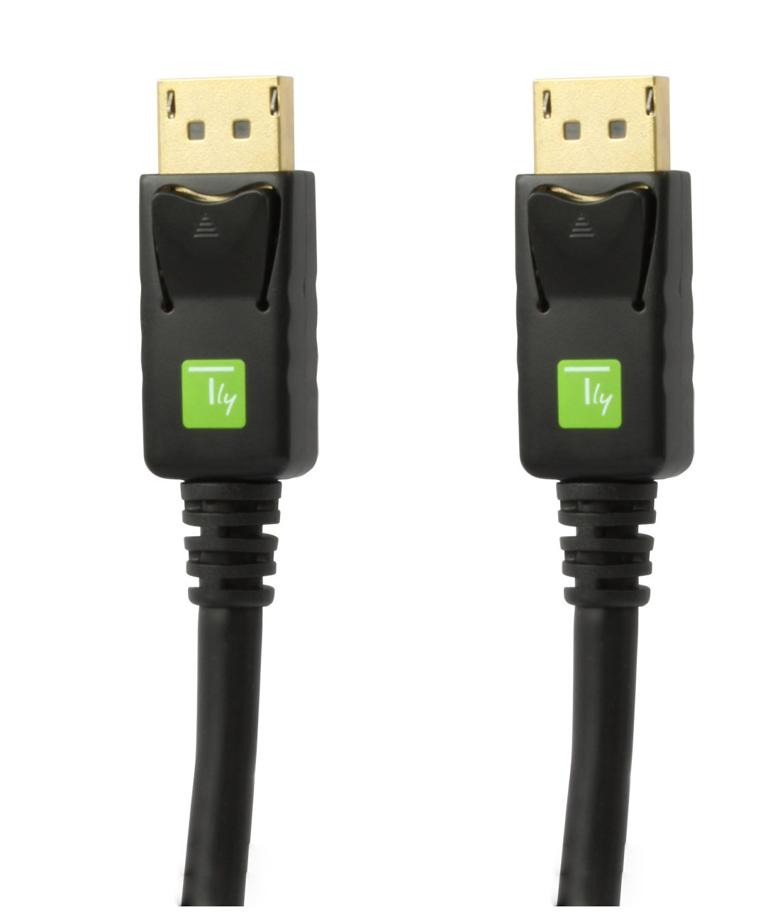 Dos cables DisplayPort negros con conectores dorados uno al lado del otro sobre fondo blanco.
