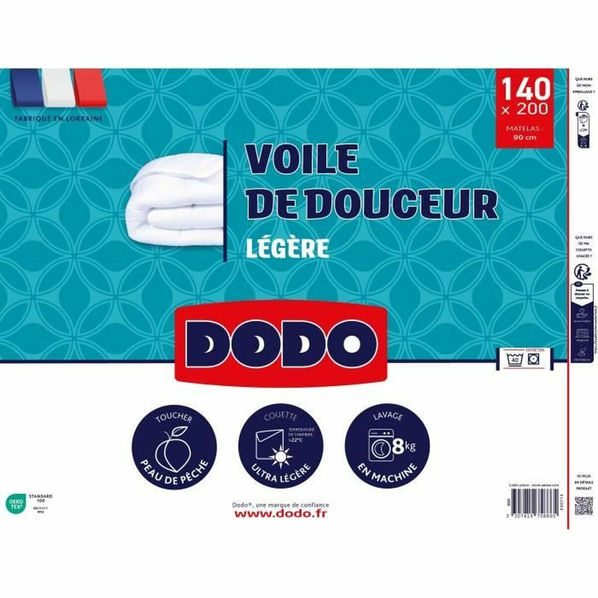 Verpackung für eine leichte Decke der Marke Dodo, Maße 140x200 cm.