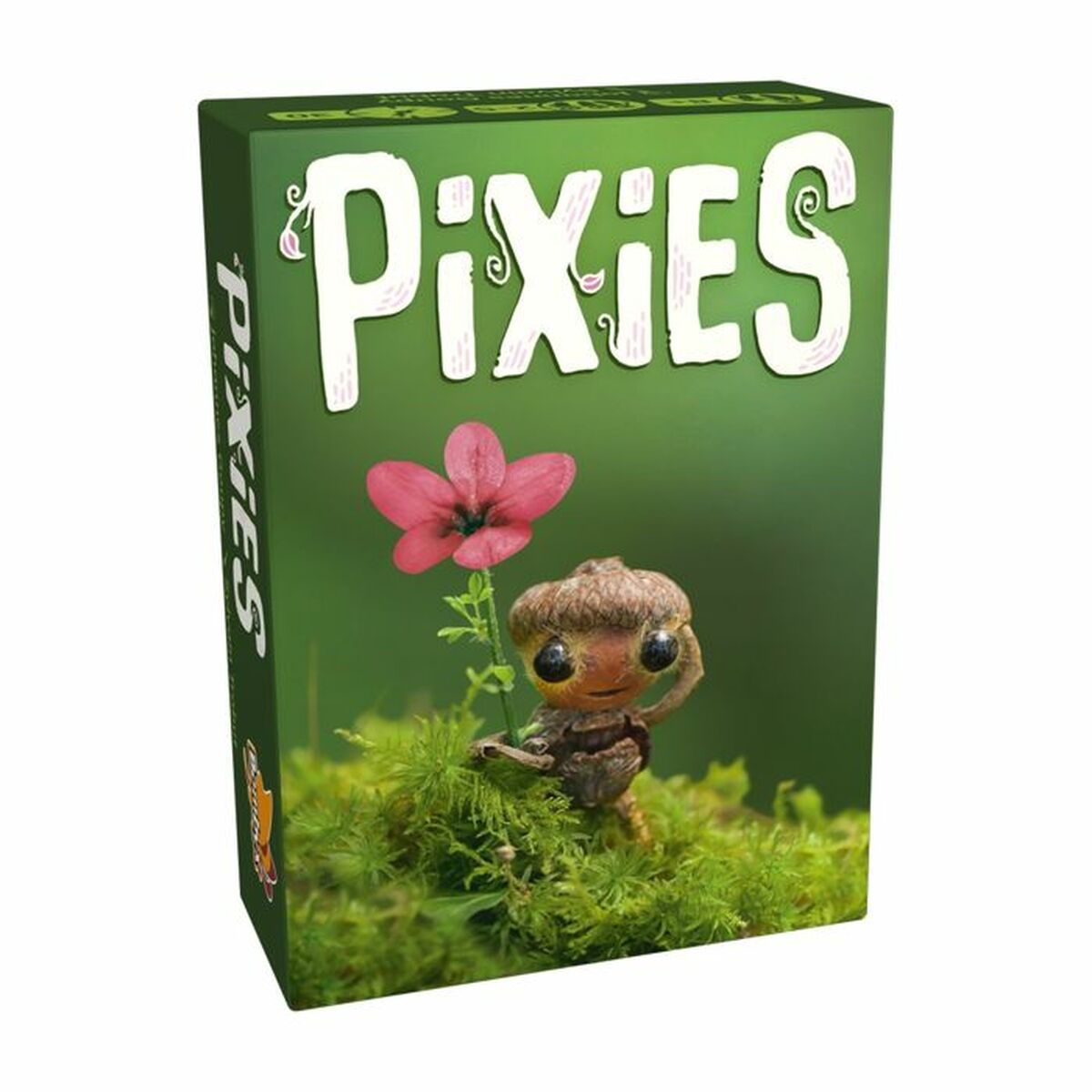 Una caja para el juego 'Pixies' presenta una pequeña criatura de bellota con una flor rosa.